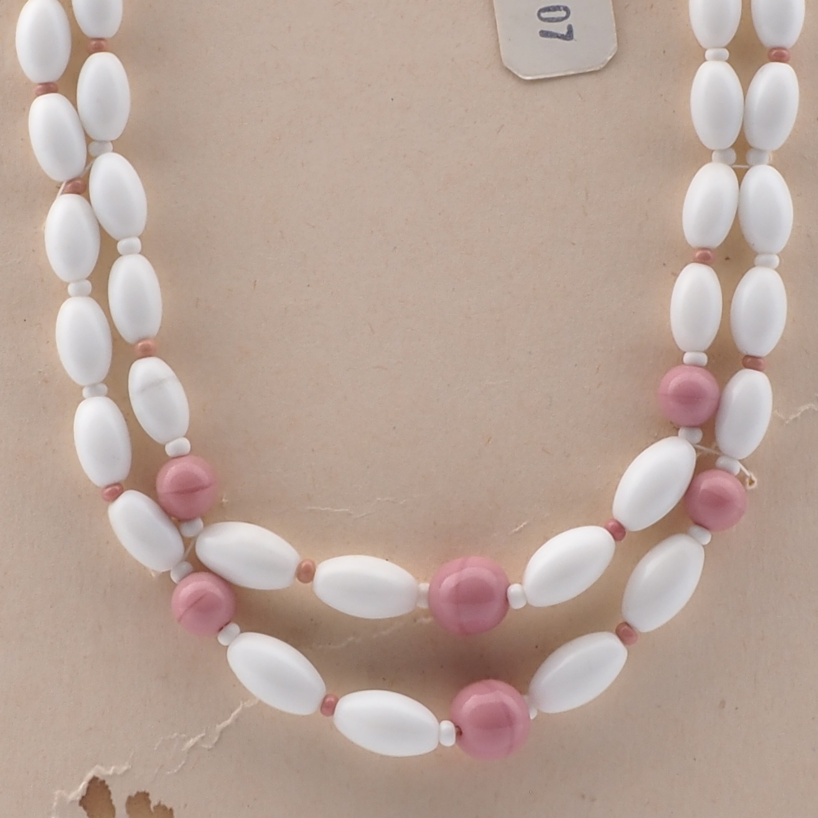 Vintage Czech 2 strand necklace white oval pink round glass beads 15"