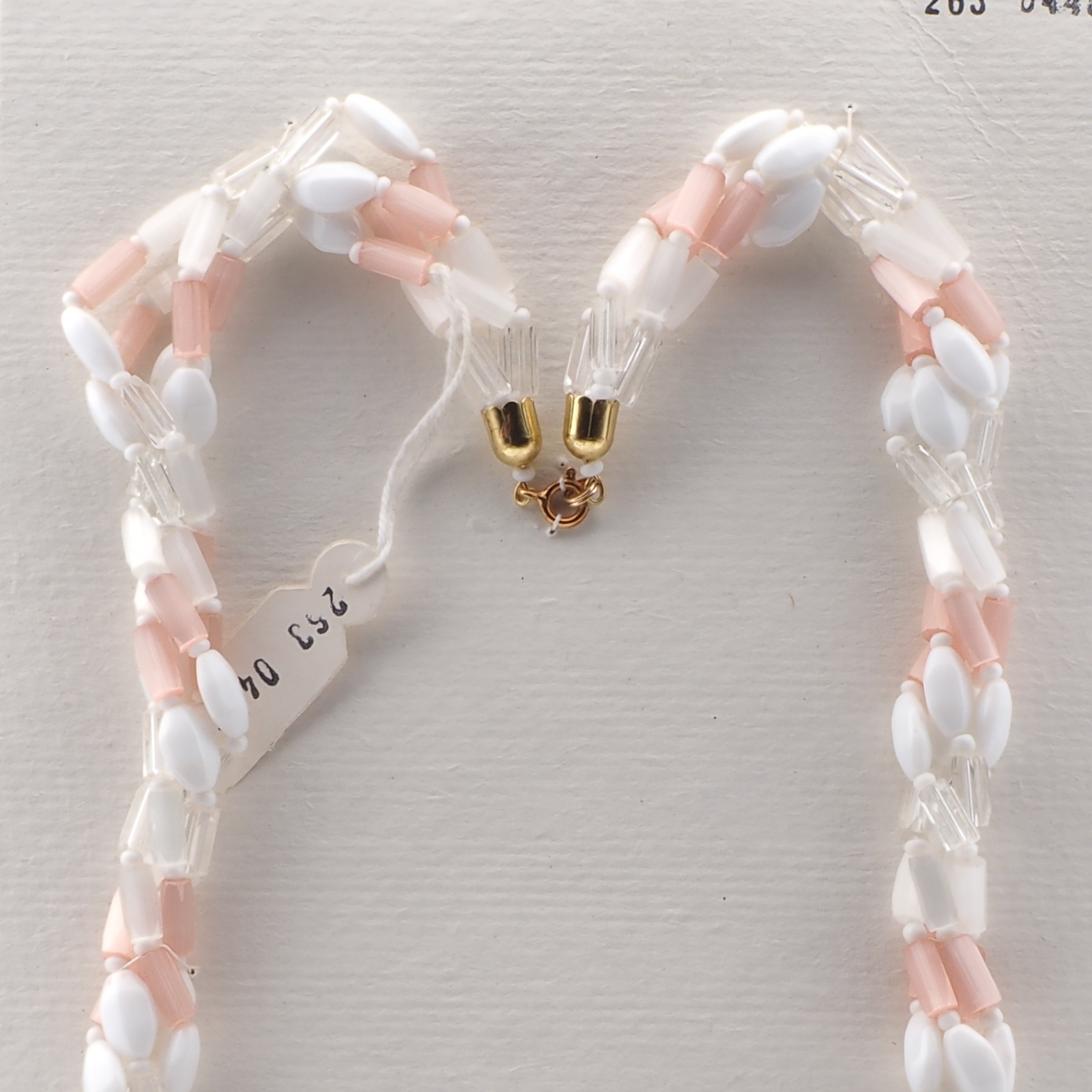 Vintage Czech 4 strand necklace pink crystal satin atlas white oval glass beads 20"