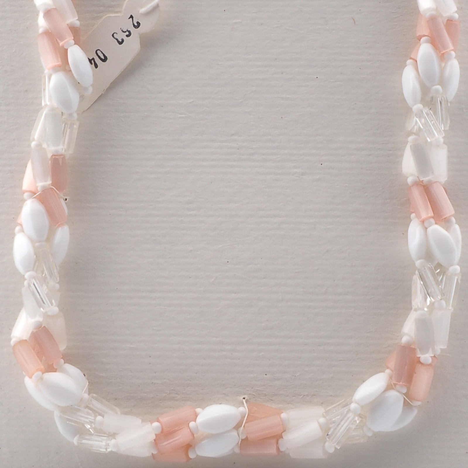 Vintage Czech 4 strand necklace pink crystal satin atlas white oval glass beads 20"
