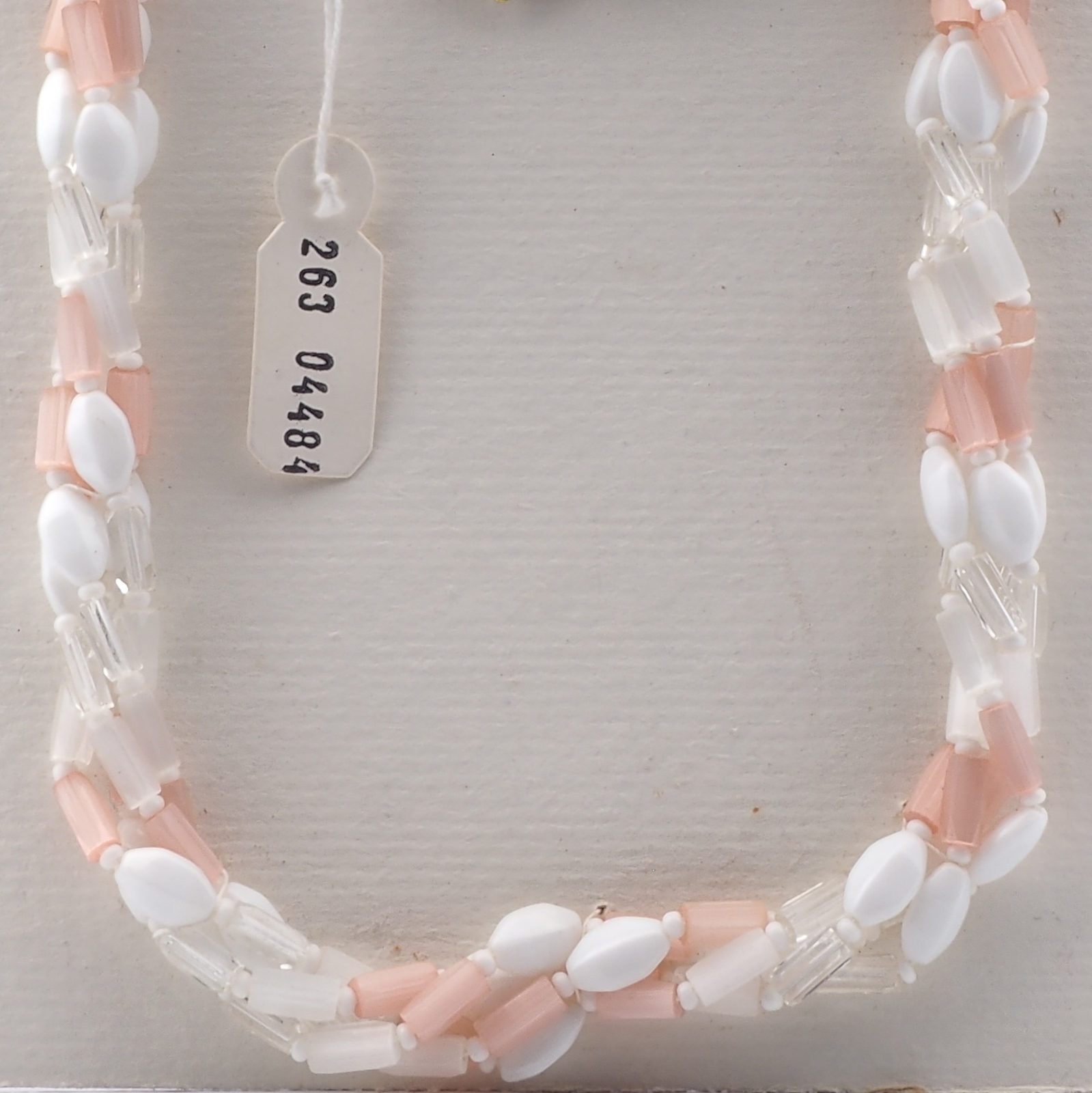 Vintage Czech 4 strand necklace pink clear satin atlas white oval glass beads 20"
