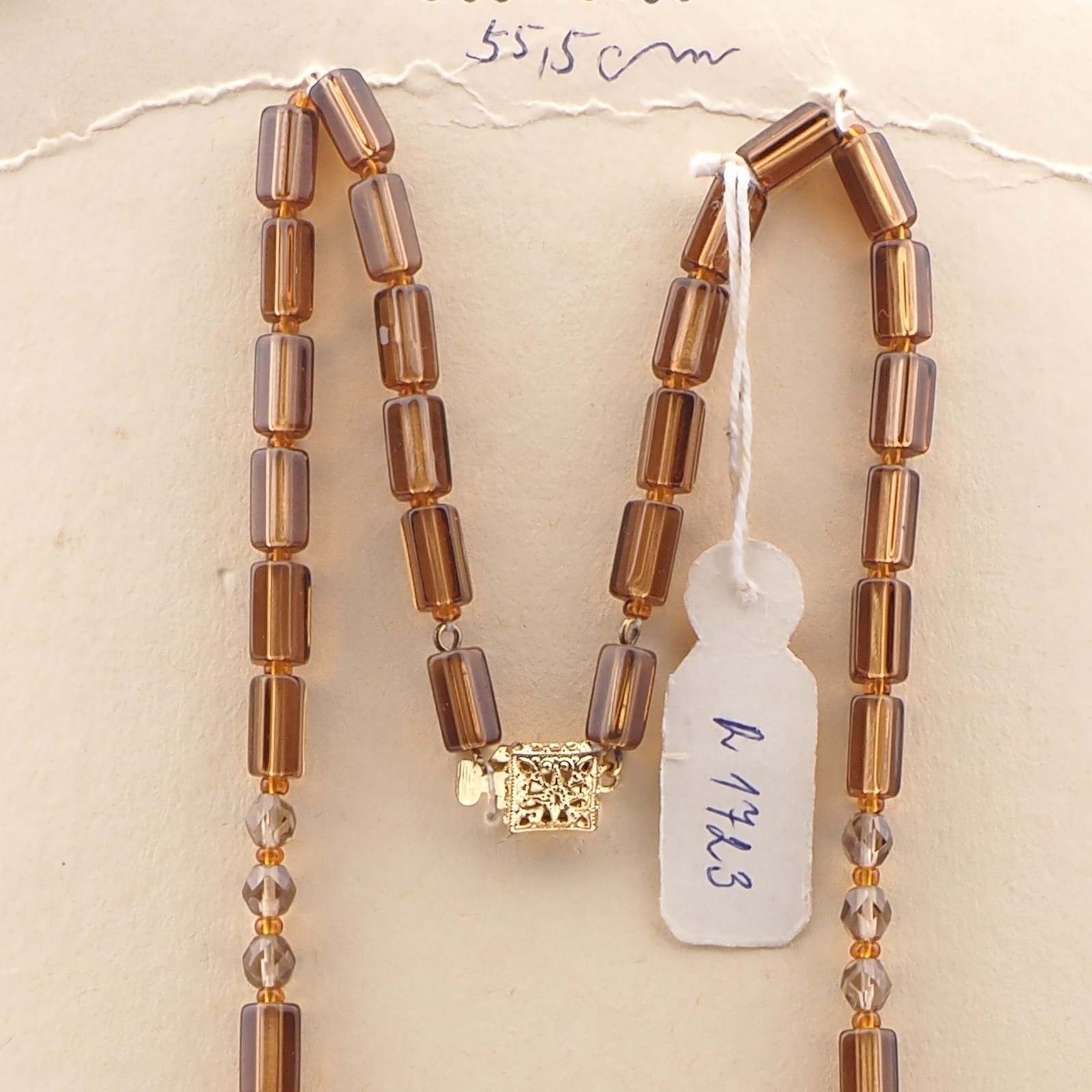 Vintage Czech necklace topaz pentagon smoky round glass beads 22" 