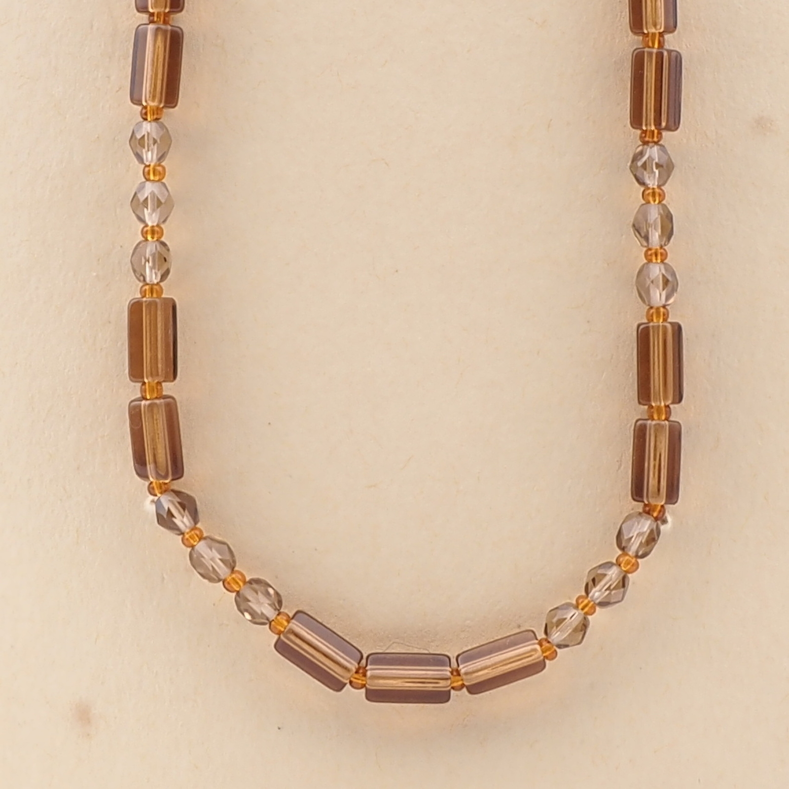 Vintage Czech necklace topaz pentagon smoky round glass beads 22" 