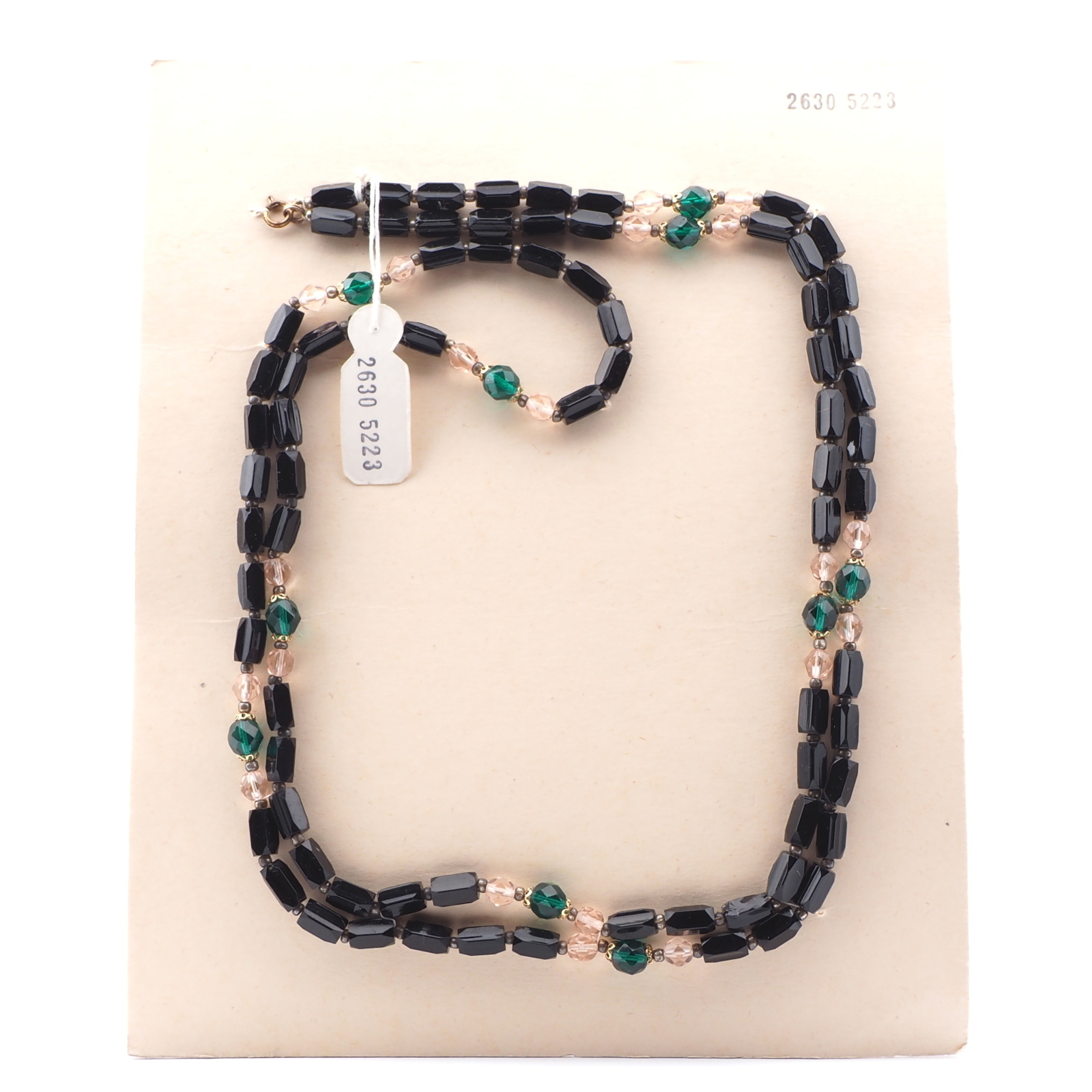 Long vintage Czech necklace black pentagon green clear round glass beads 48" 