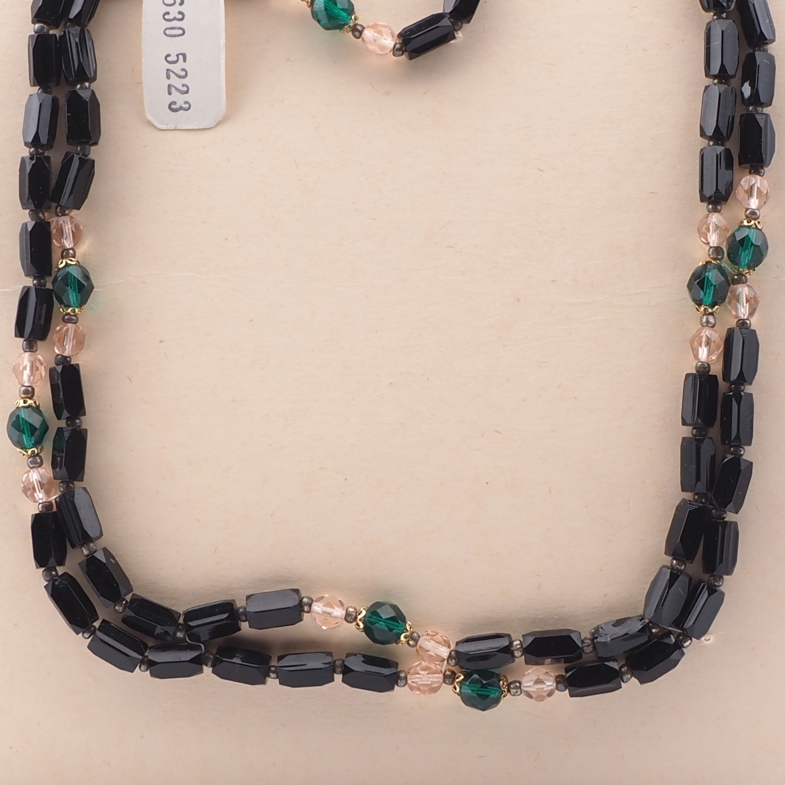 Long vintage Czech necklace black pentagon green clear round glass beads 48" 