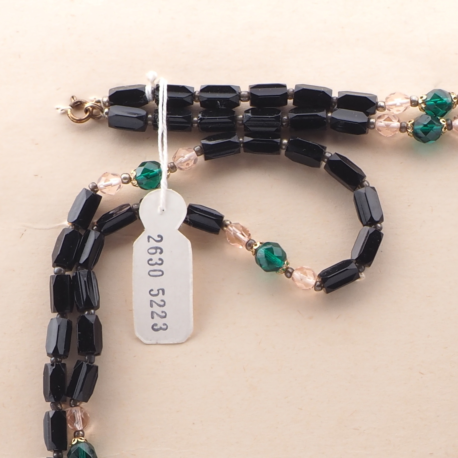 Long vintage Czech necklace black pentagon green clear round glass beads 48" 