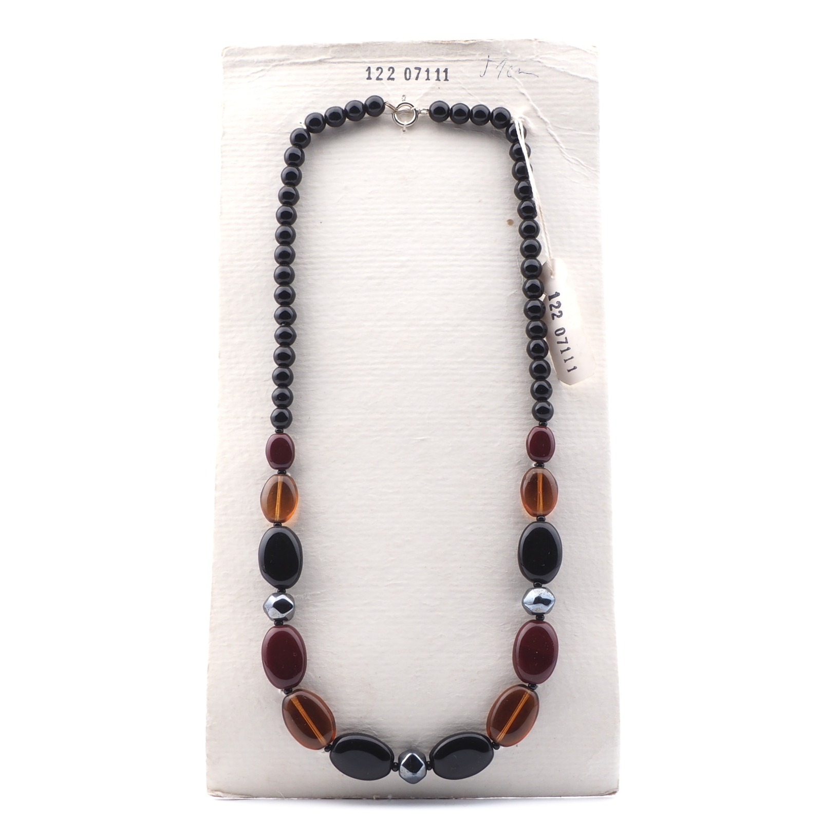 Vintage Czech necklace black topaz red glass beads 20" 