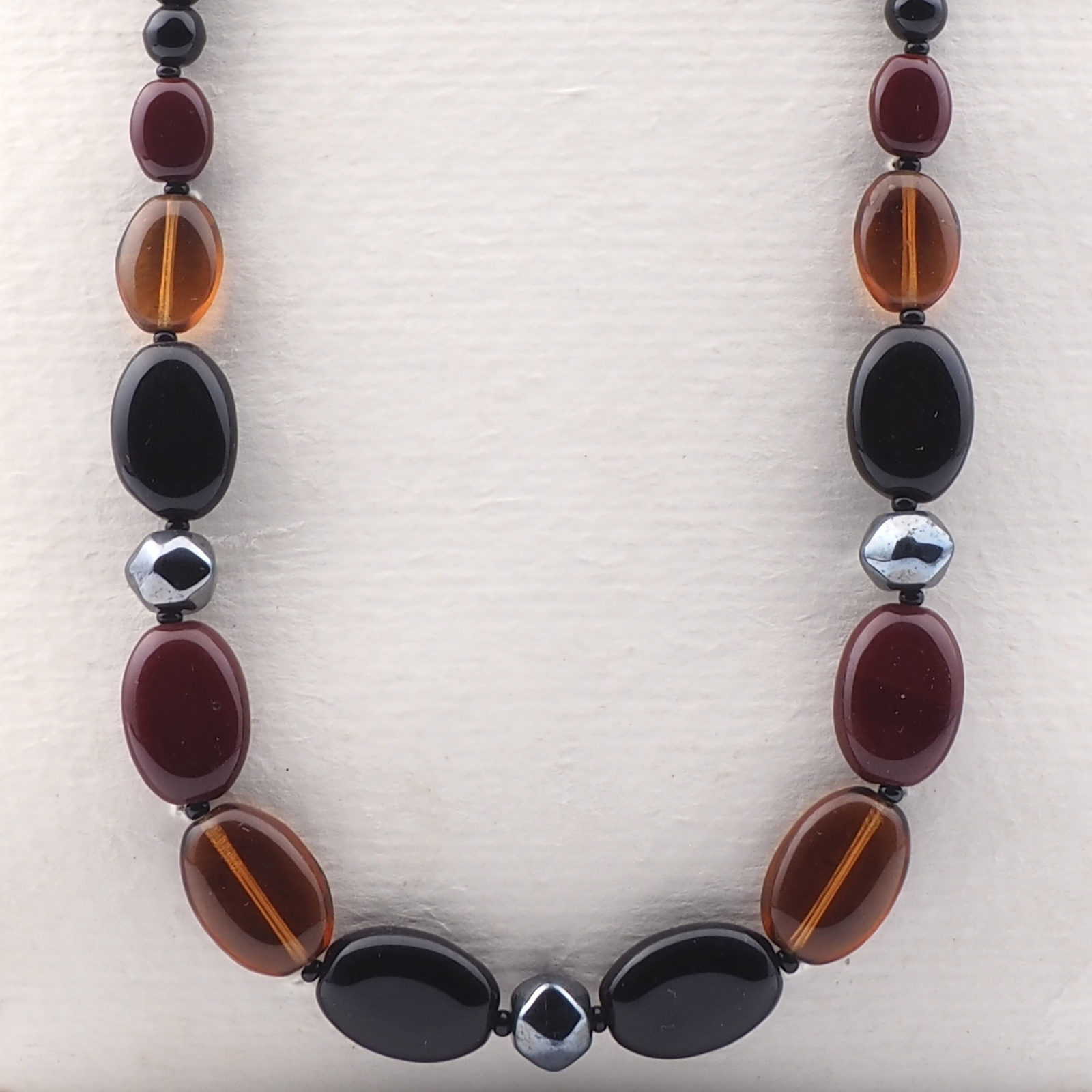 Vintage Czech necklace black topaz red glass beads 20" 