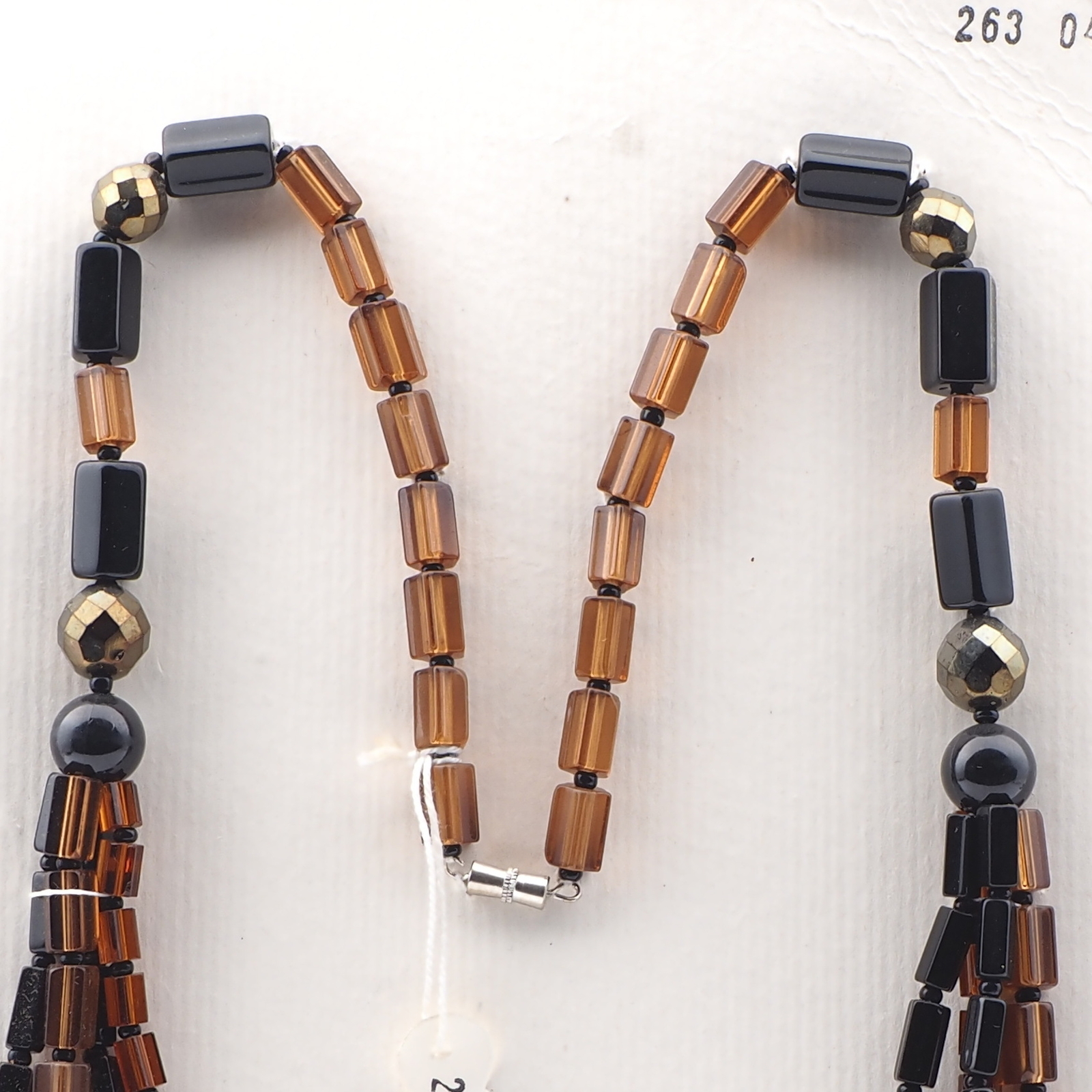 Vintage Czech 4 strand necklace black topaz pentagon bronze metallic glass beads 25" 