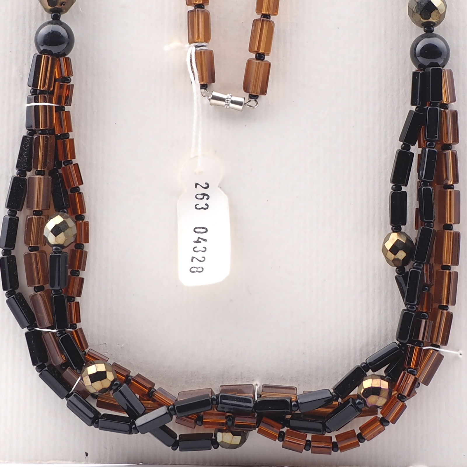 Vintage Czech 4 strand necklace black topaz pentagon bronze metallic glass beads 25" 