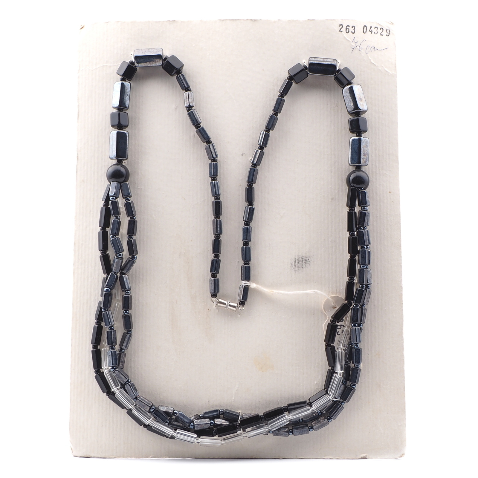Vintage Czech 4 strand necklace black clear hematite pentagon glass beads 30" 