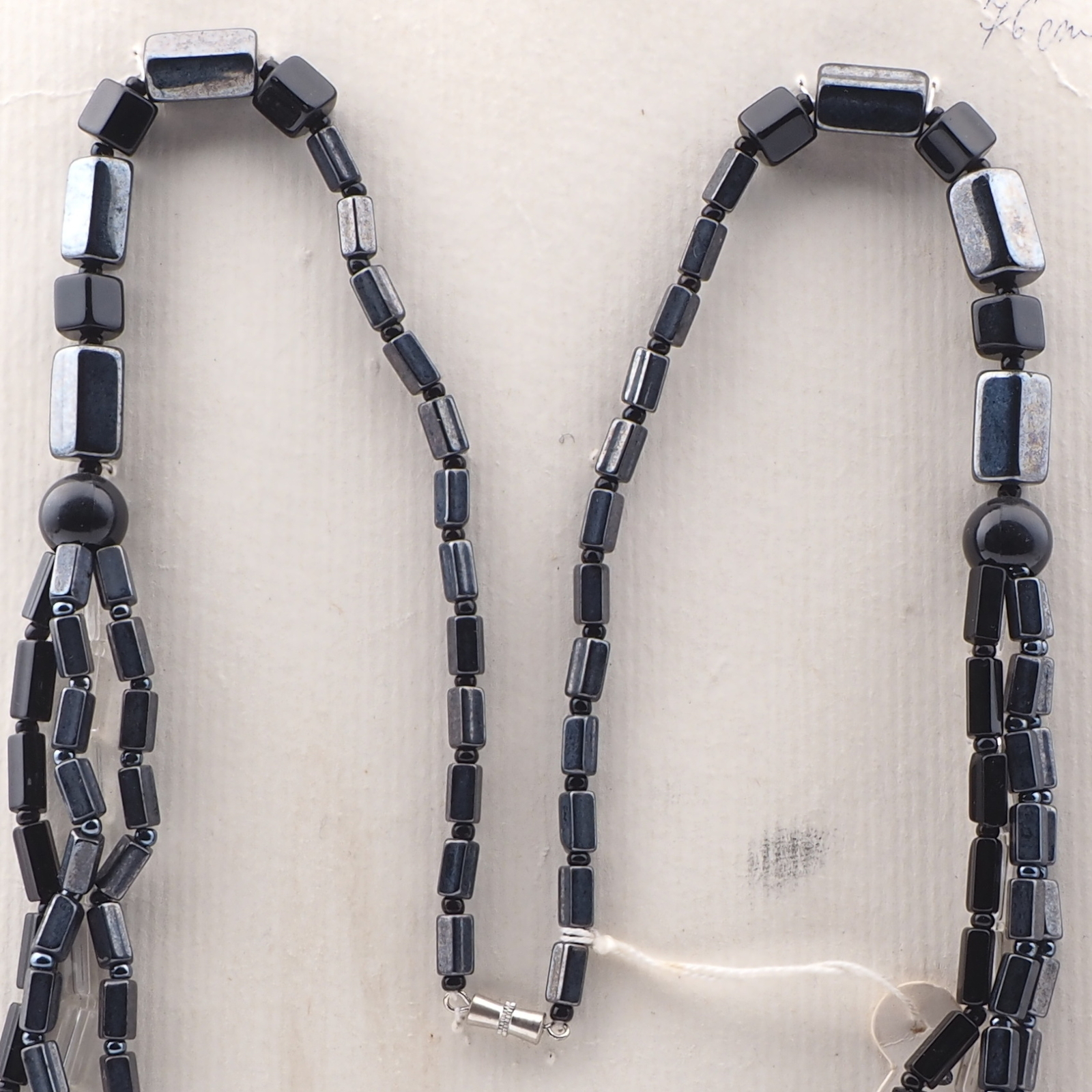 Vintage Czech 4 strand necklace black clear hematite pentagon glass beads 30" 