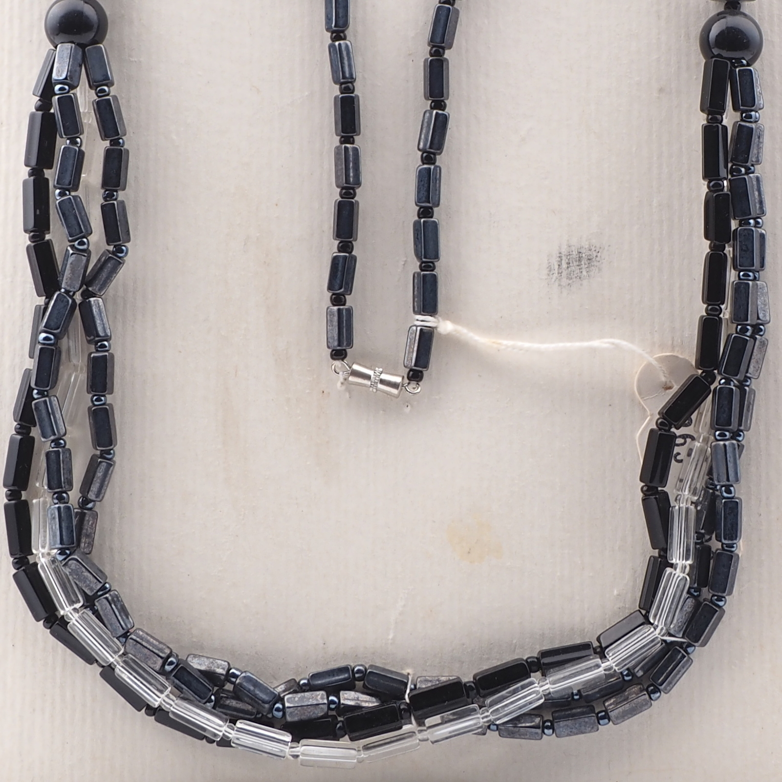 Vintage Czech 4 strand necklace black clear hematite pentagon glass beads 30" 