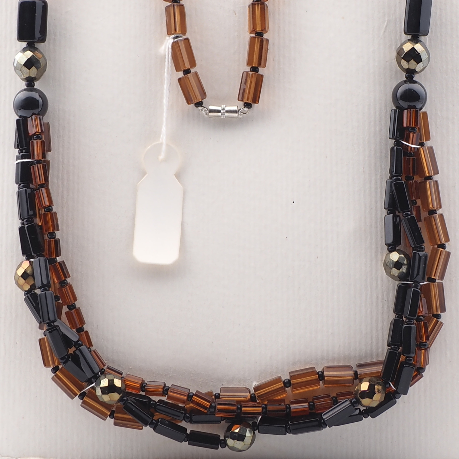 Vintage Czech 4 strand necklace black topaz pentagon metallic glass beads 25" 