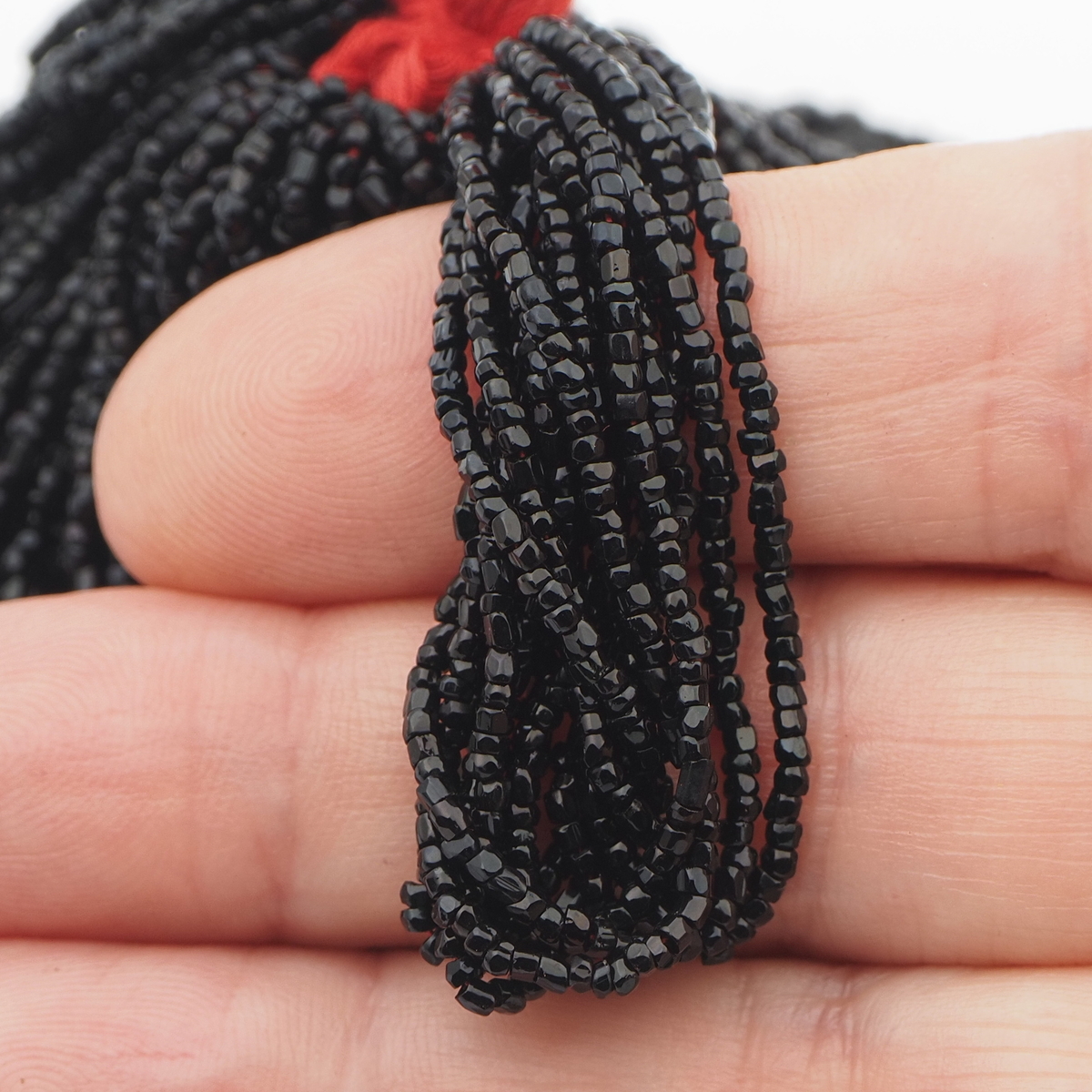 Hank antique Victorian Czech black faceted glass seed beads 13/0, 45g