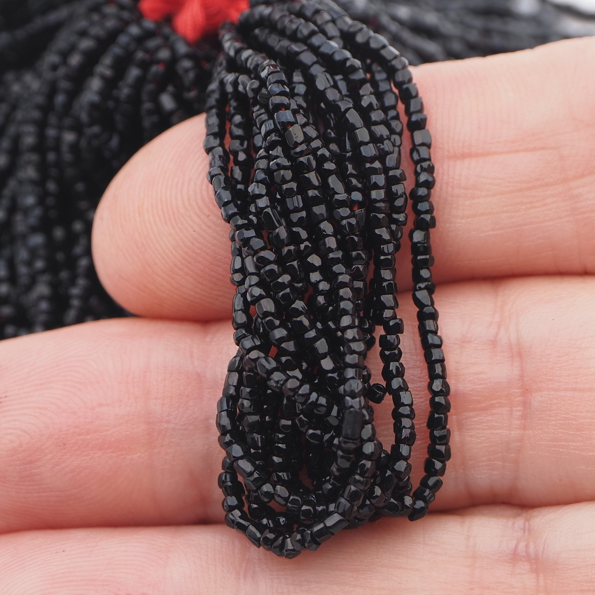 Hank antique Victorian Czech black faceted glass seed beads 13/0, 45g