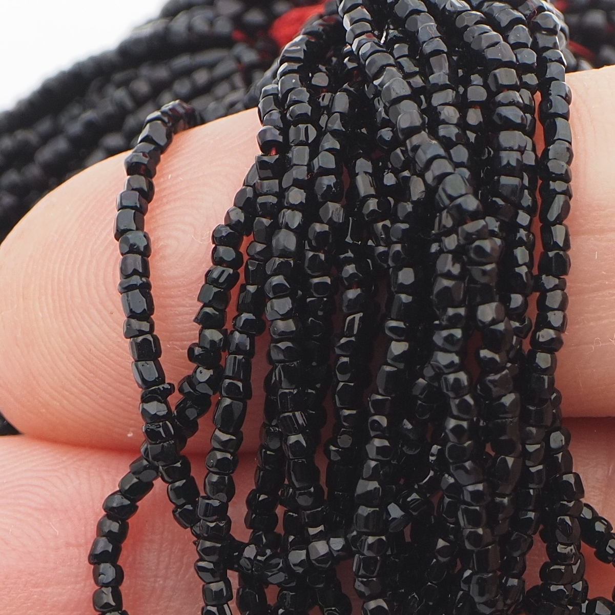 Hank antique Victorian Czech black faceted glass seed beads 13/0, 45g
