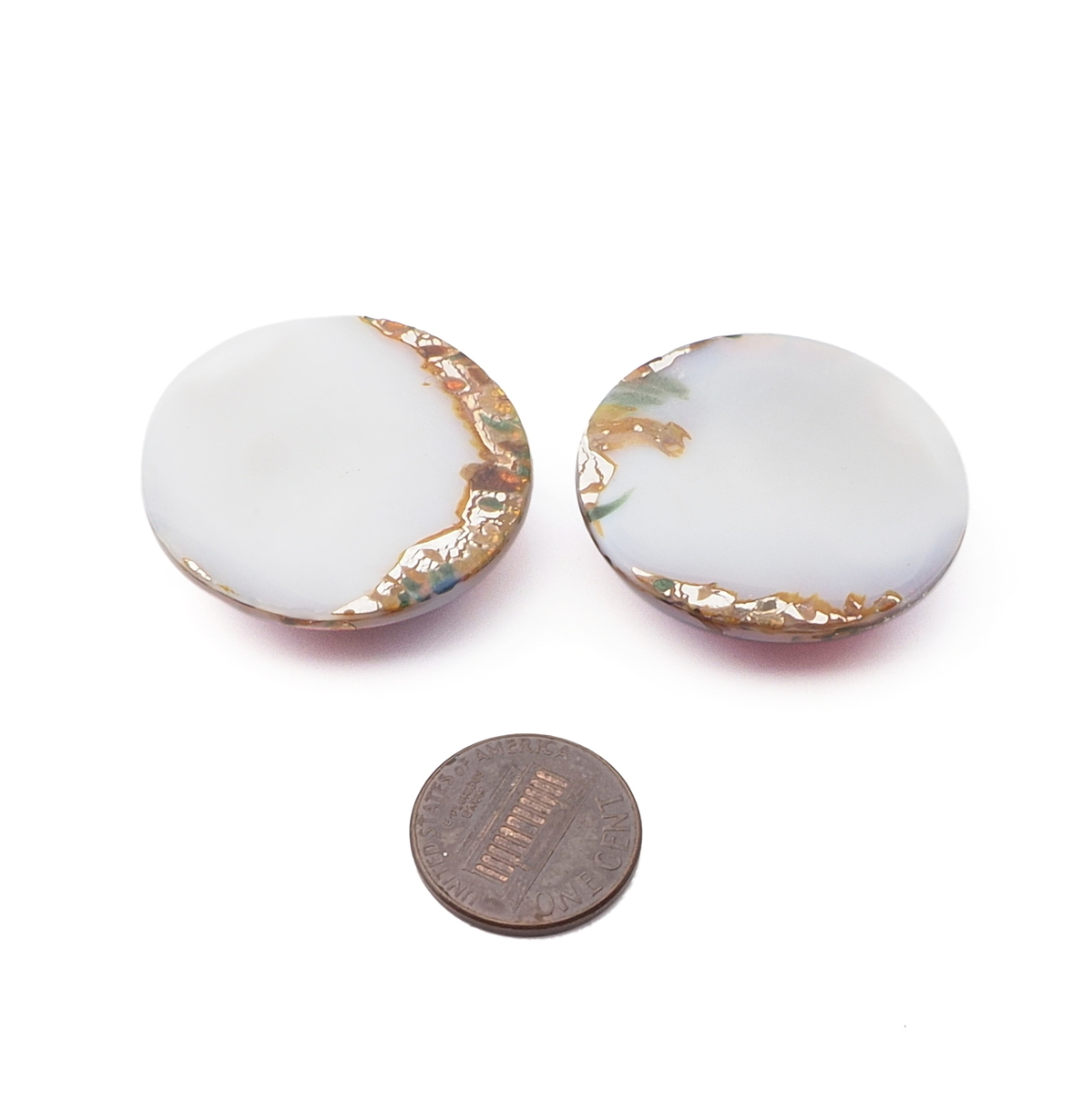 Lot (2) large Czech vintage foil marble fire opal oval Harlequin glass cabochons 35mm