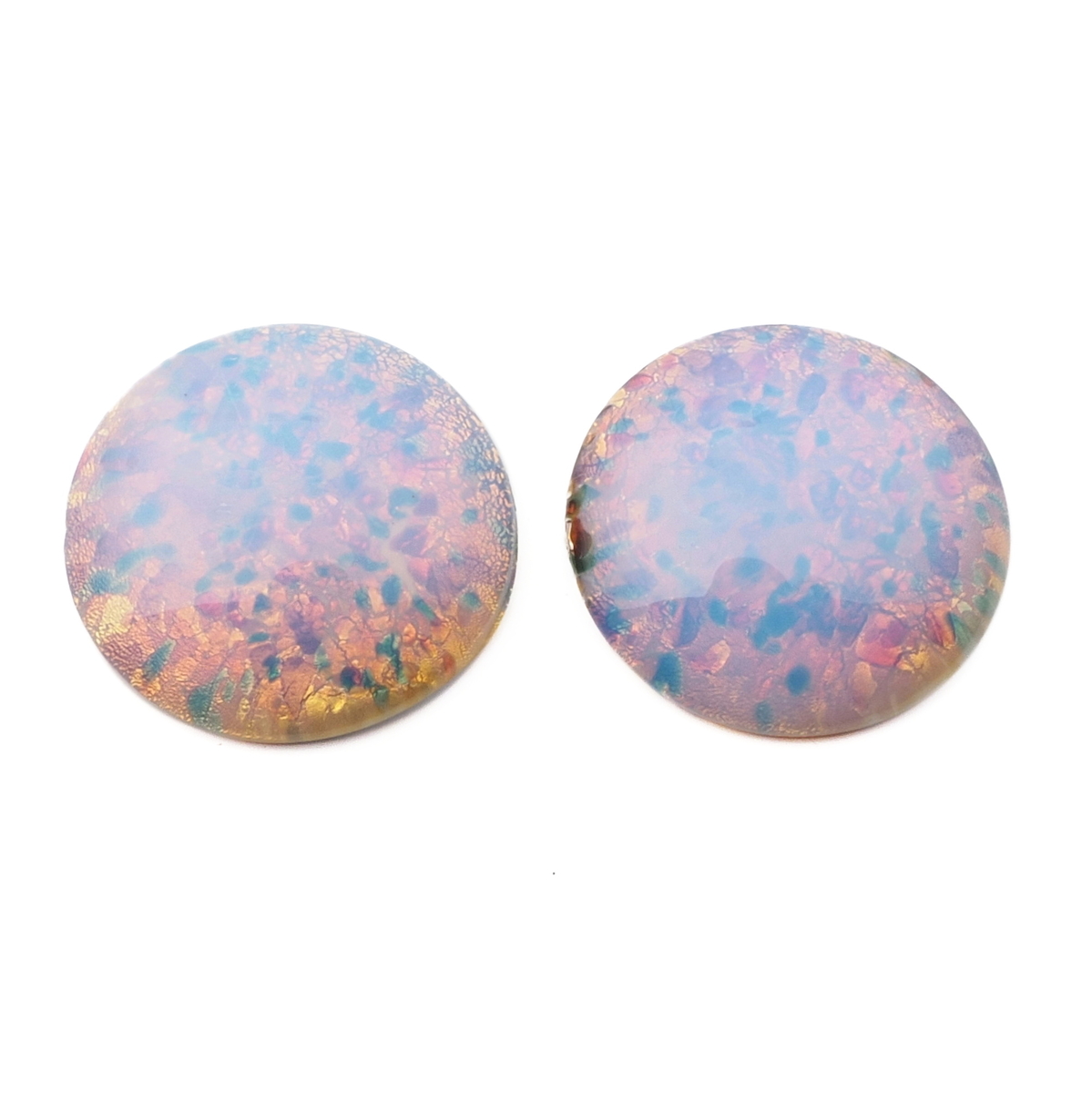 Lot (2) large Czech vintage foil marble fire opal oval Harlequin glass cabochons 35mm