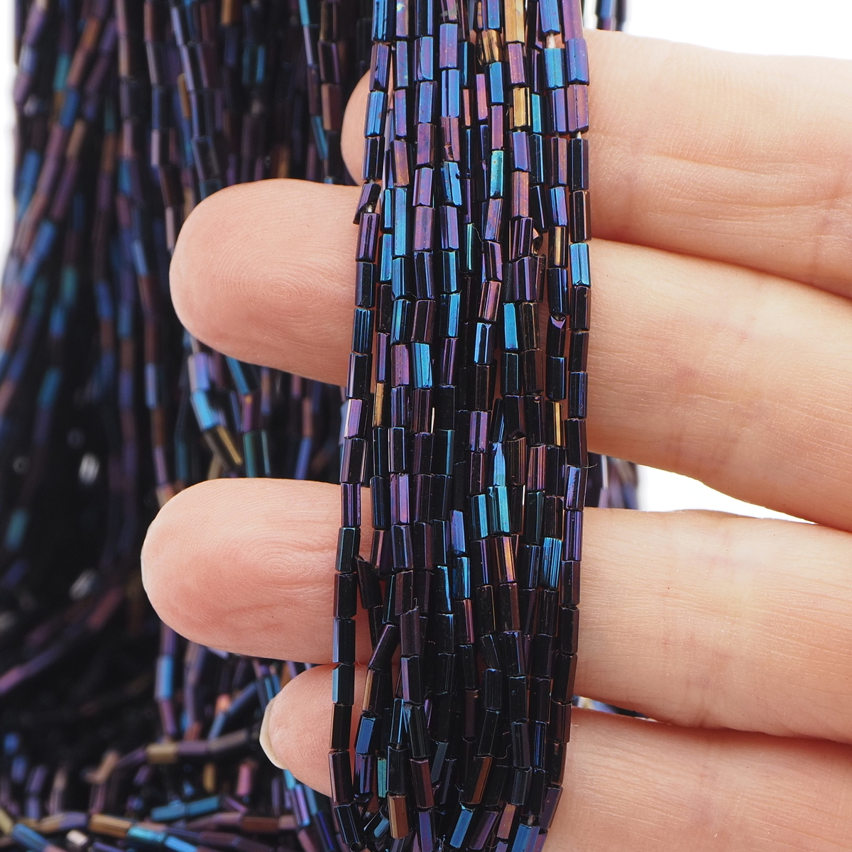 Master Hank peacock iridescent bugle hexagon seed glass beads 13/0 Vintage Czech