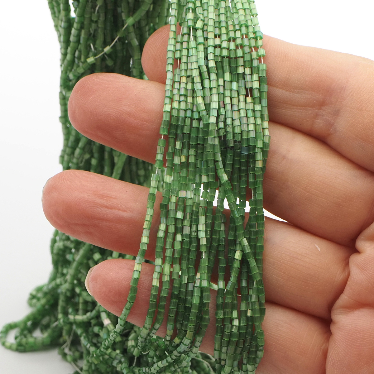 Hank Iridescent Green Atlas bugle seed glass beads 15/0 Vintage Czech 64g