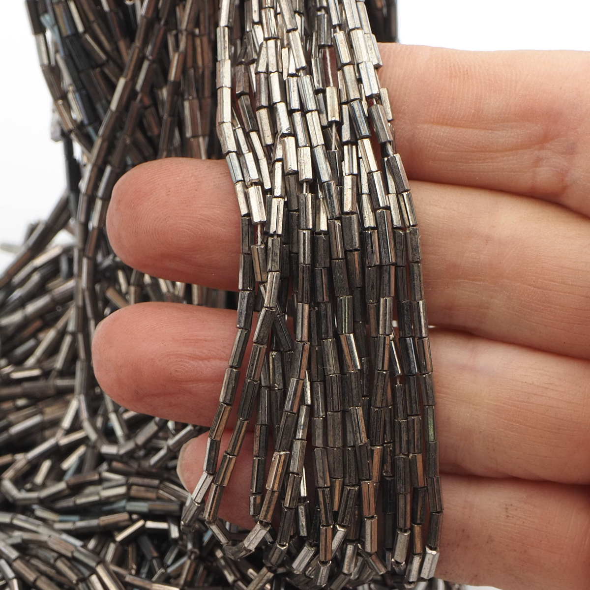 Master Hank silver metallic marcasite hexagon bugle seed glass beads 12/0 Vintage Czech
