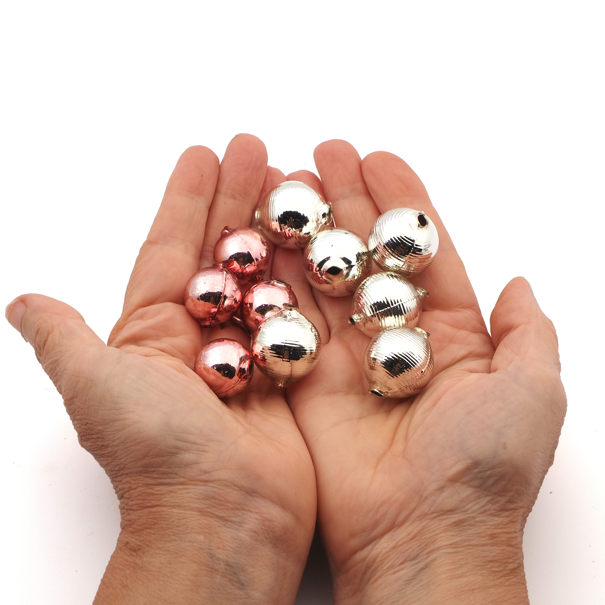 Mix (10) Czech silver pink round ribbed blown mercury glass Christmas garland beads 20 mm 24 mm