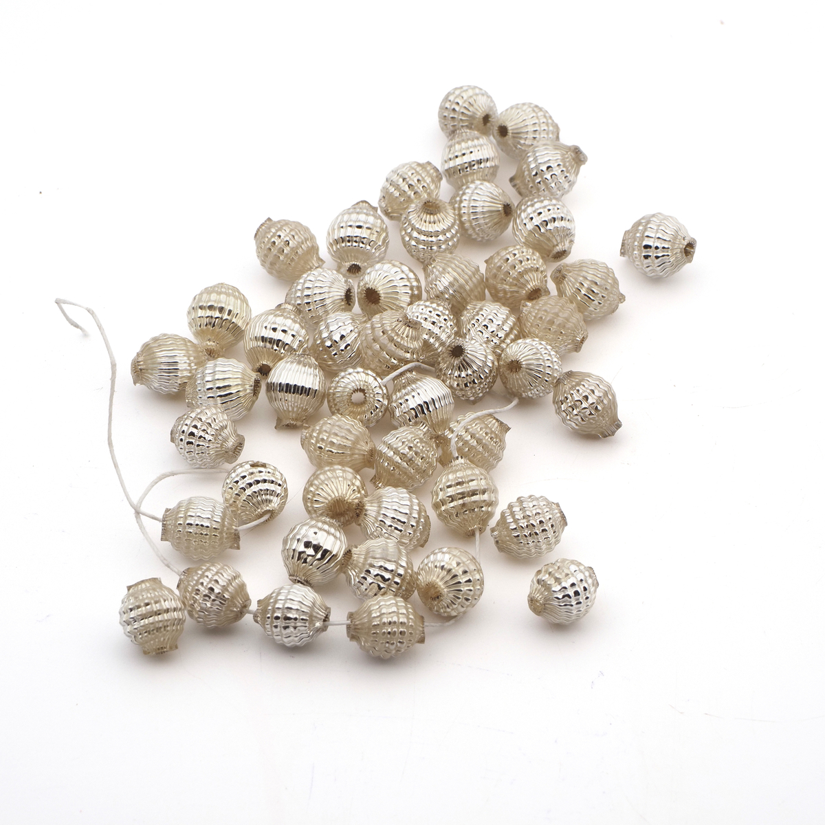 Czech vintage ribbed Christmas blown hollow silver round glass beads 49pcs 10mm