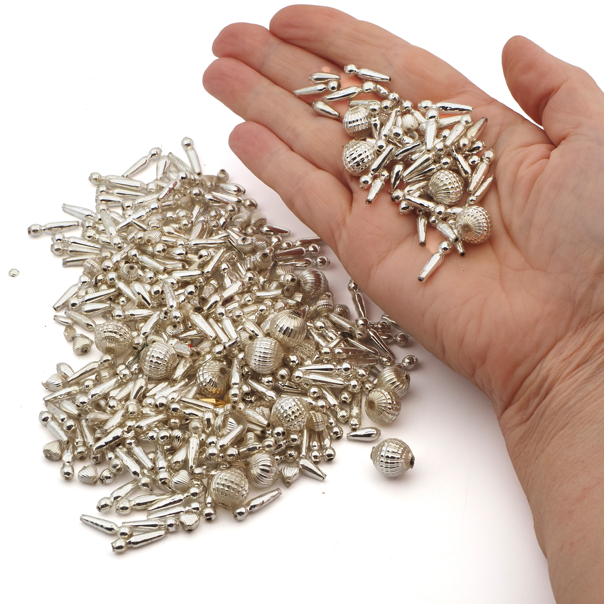 hollow silver lined glass beads Mixed lot 44 grams variety sizes shapes 17 mm Vintage Czech Long Stick blown