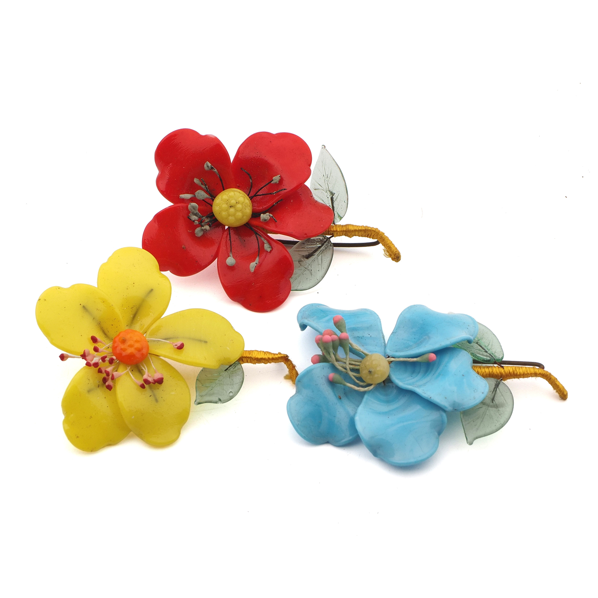 Set of 3 Vintage Czech lampwork glass flower pin brooch yellow red blue