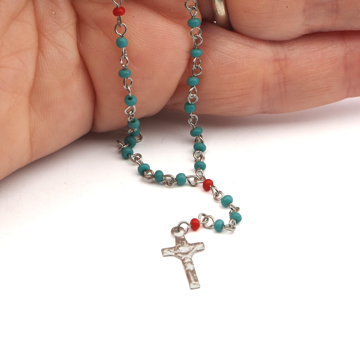 rosary crucifix Doll size pocket purse 8" Czech vintage miniature glass beaded religious  - kopie