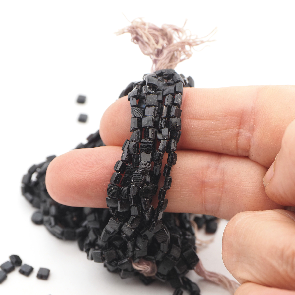 Victorian Antique faceted Black square ribbed nailhead Lustre flat back glass beads Master Hank 3.6 mm  