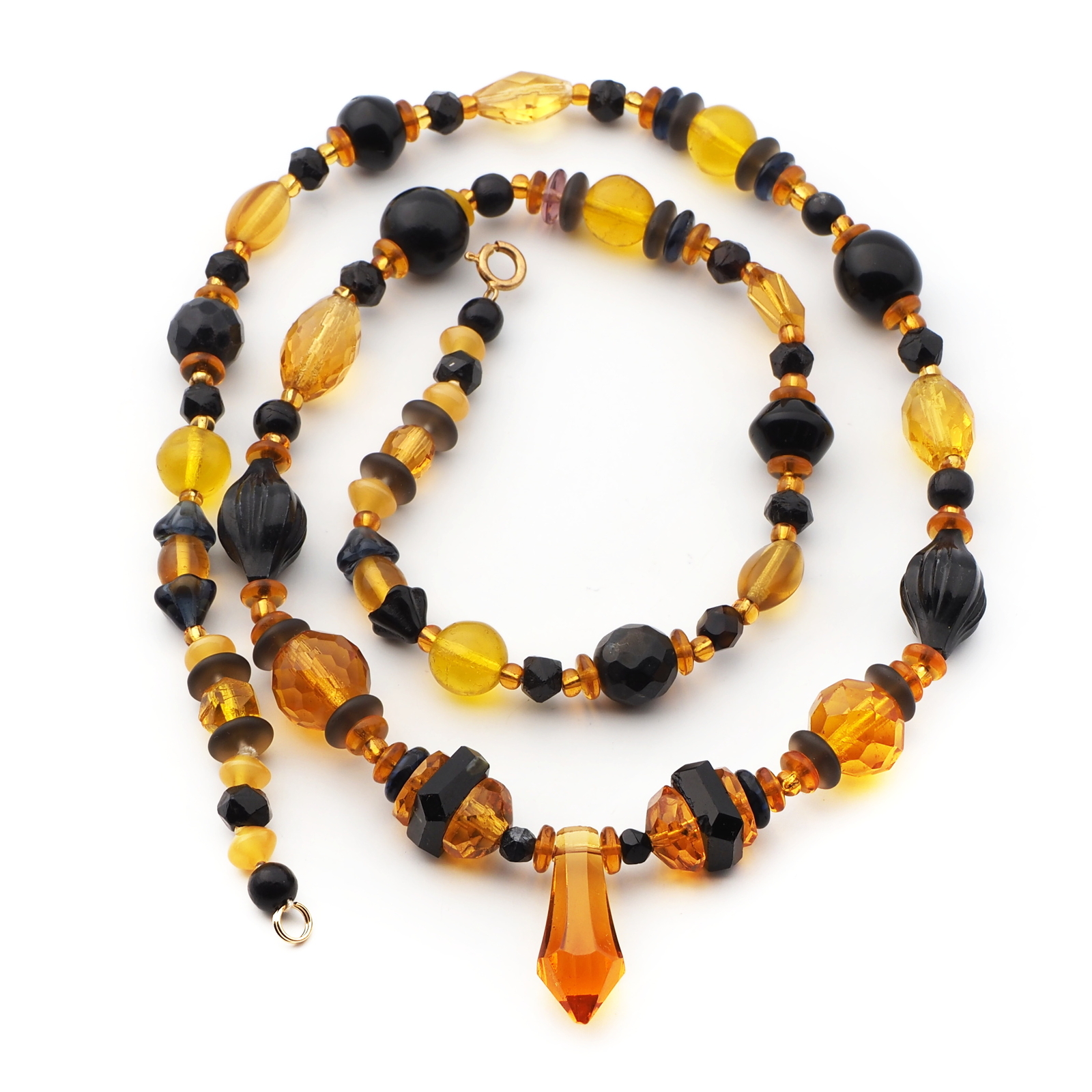 Vintage Czech necklace Art Deco black topaz glass beads 26"