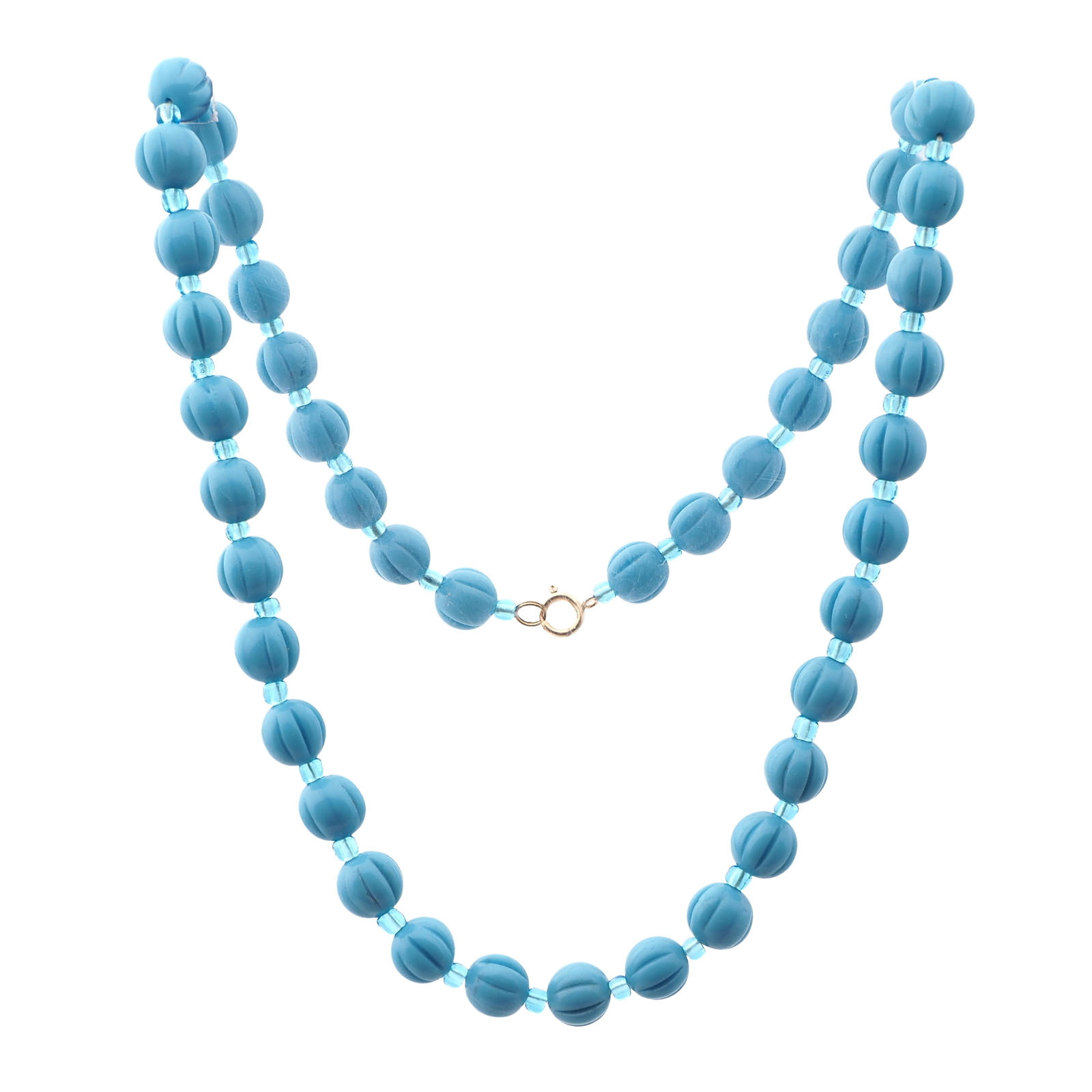 Vintage Czech necklace Art Deco blue melon glass beads 24"