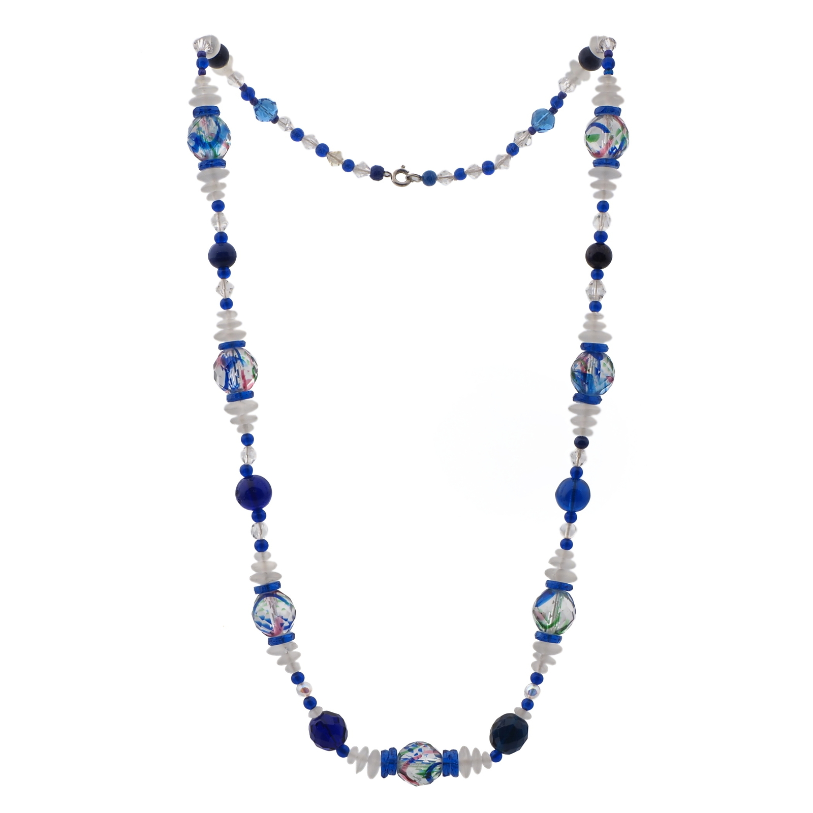 Vintage Czech necklace Art Deco blue cobalt crystal rainbow glass beads 26"