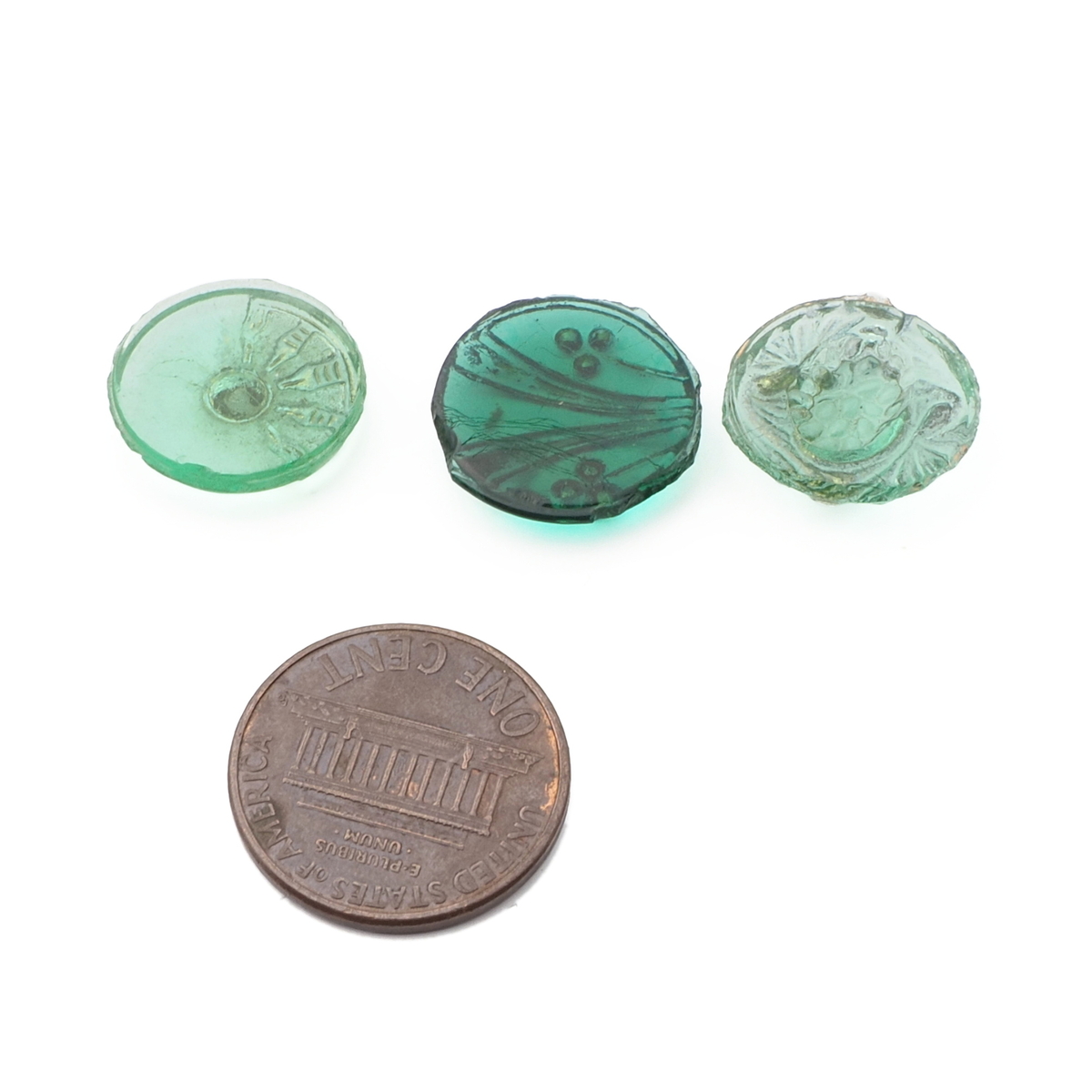 Lot (3) Czech antique Nouveau gold gilt green uranium floral glass cabochons 16mm