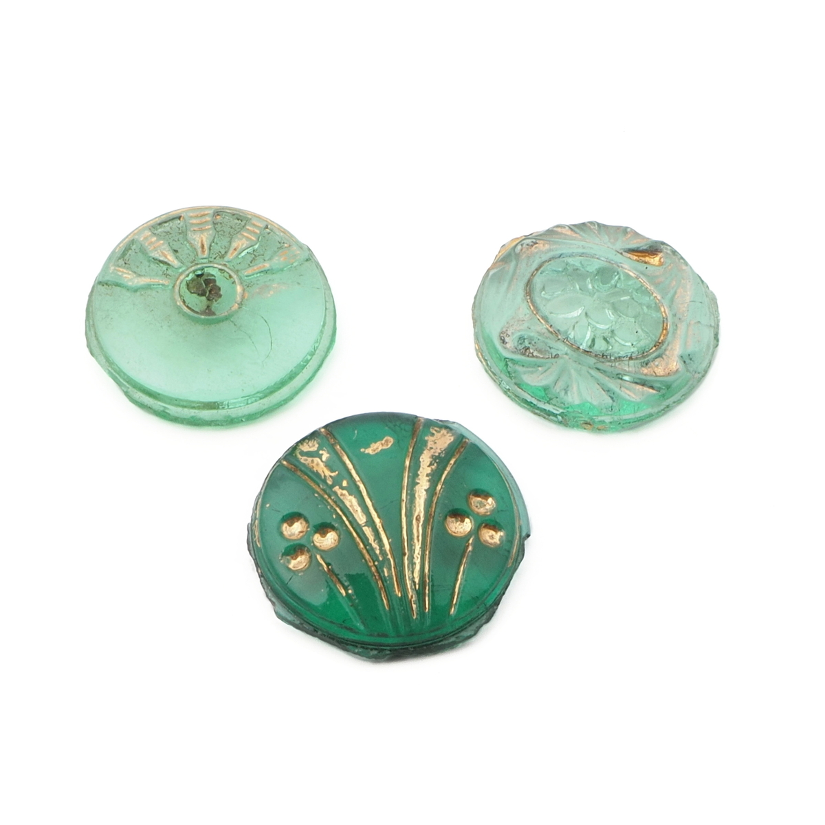 Lot (3) Czech antique Nouveau gold gilt green uranium floral glass cabochons 16mm