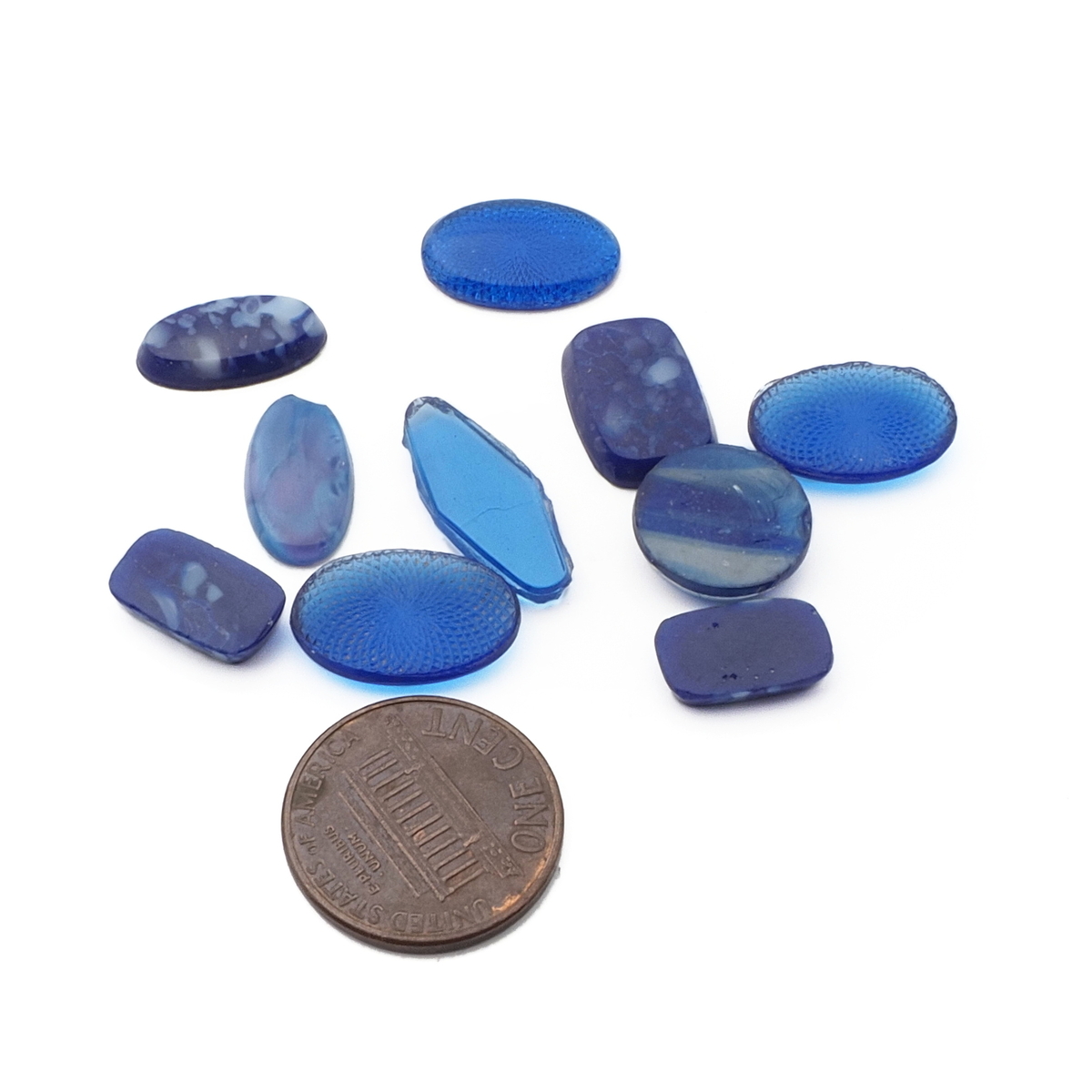 Lot (10) Czech vintage transparent marble guilloche blue glass cabochons