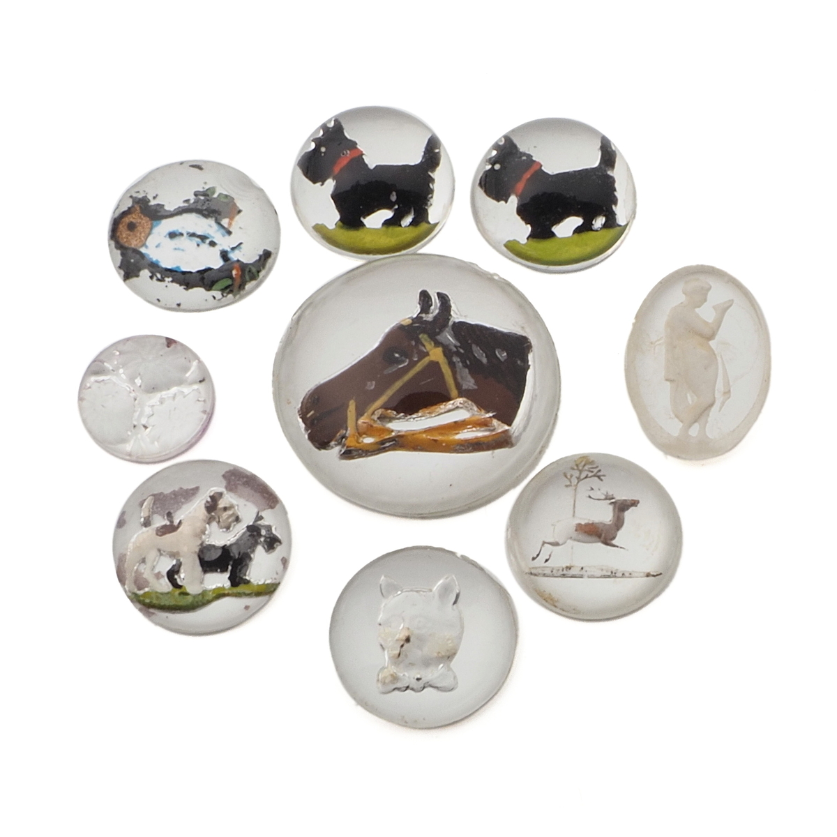 Lot (9) rare Czech antique intaglio figural glass cabochons
