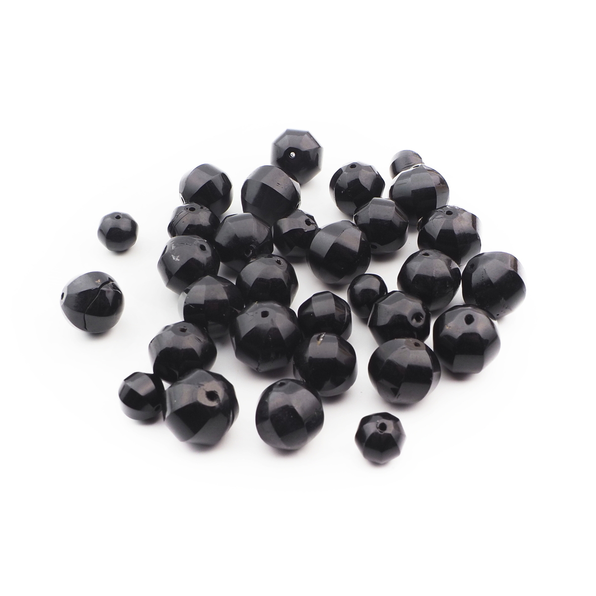Lot (31) Czech antique round melon faceted black glass beads