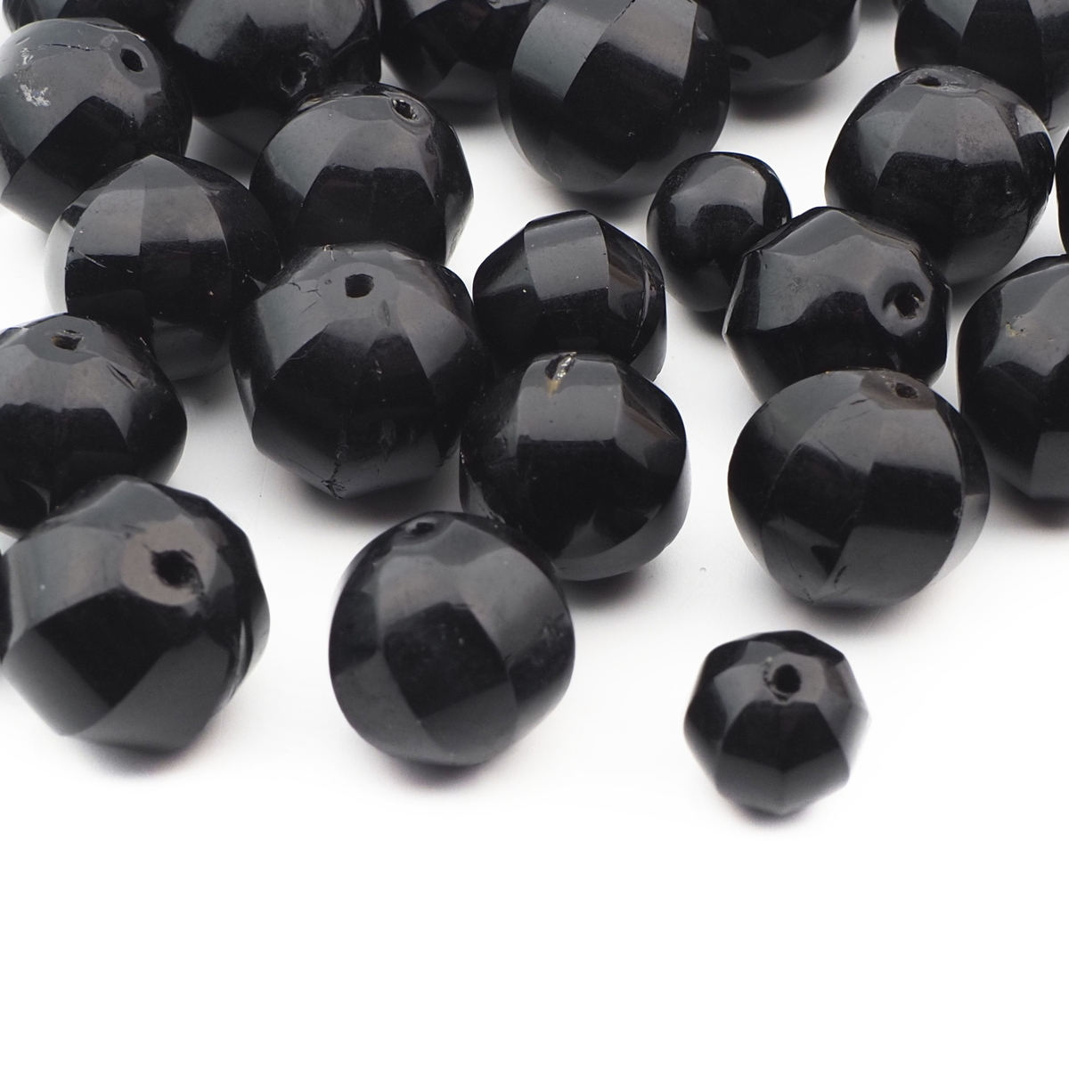 Lot (31) Czech antique round melon faceted black glass beads