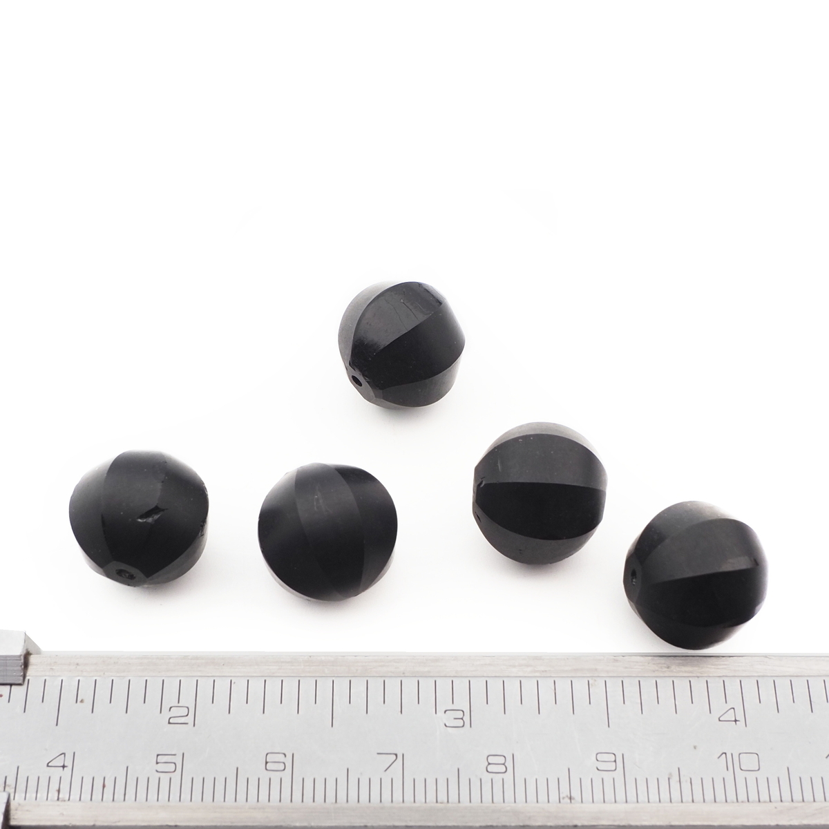 Lot (5) Czech antique round melon faceted black glass beads 13mm