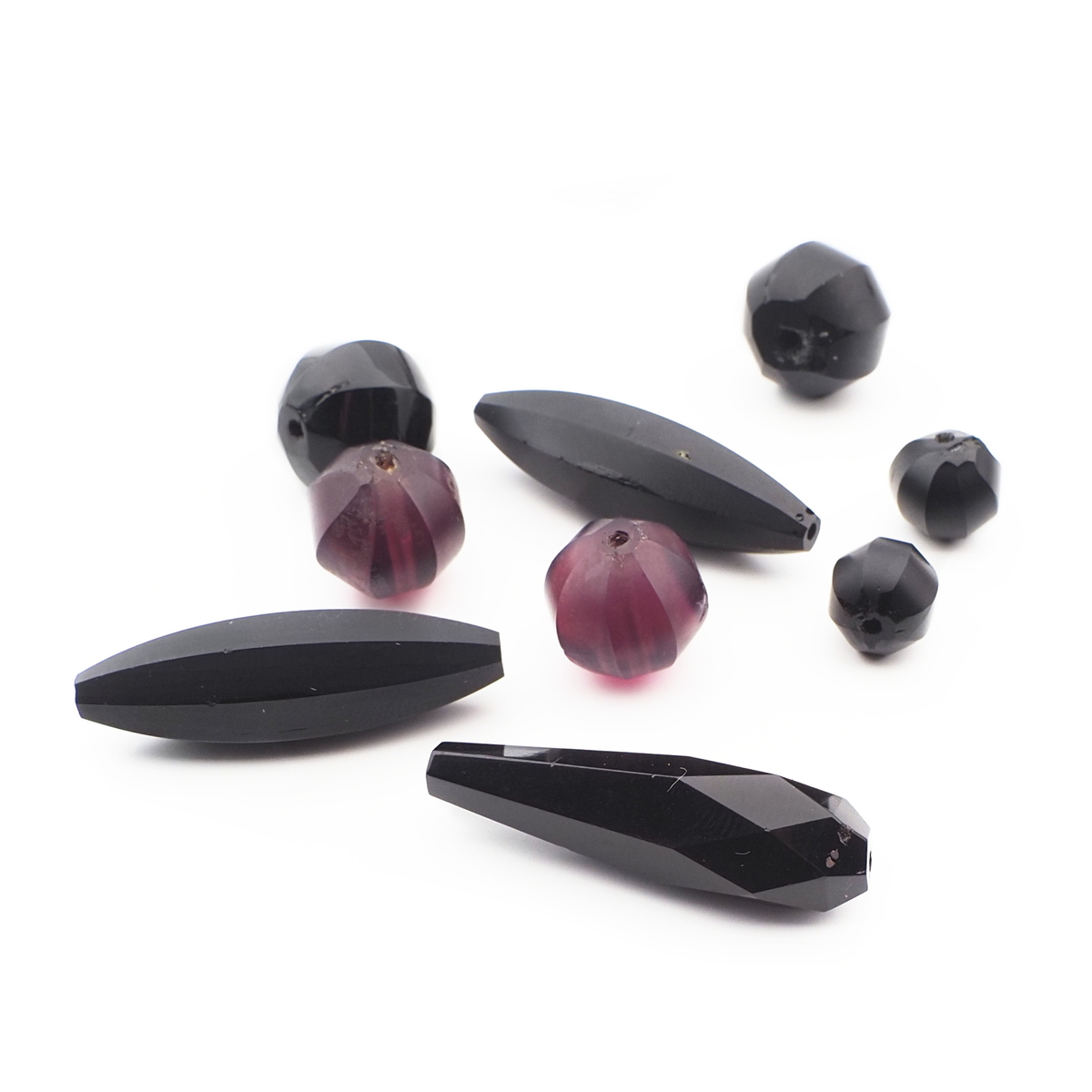 Lot (9) Czech antique teardrop oval round faceted black purple glass beads