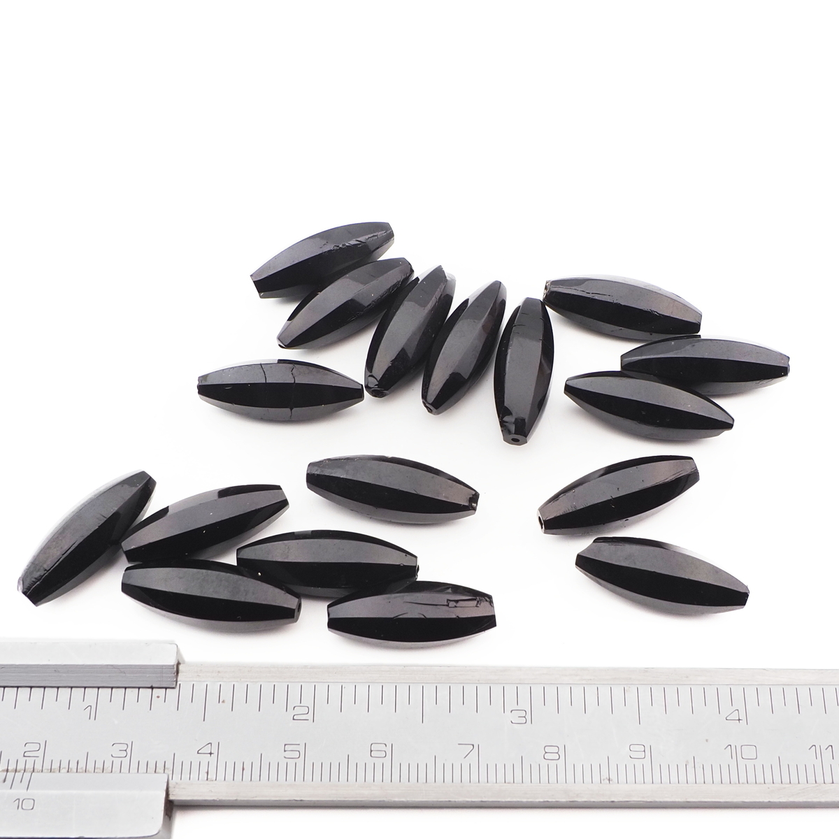 Lot (17) Czech antique oval melon faceted black glass beads 22mm