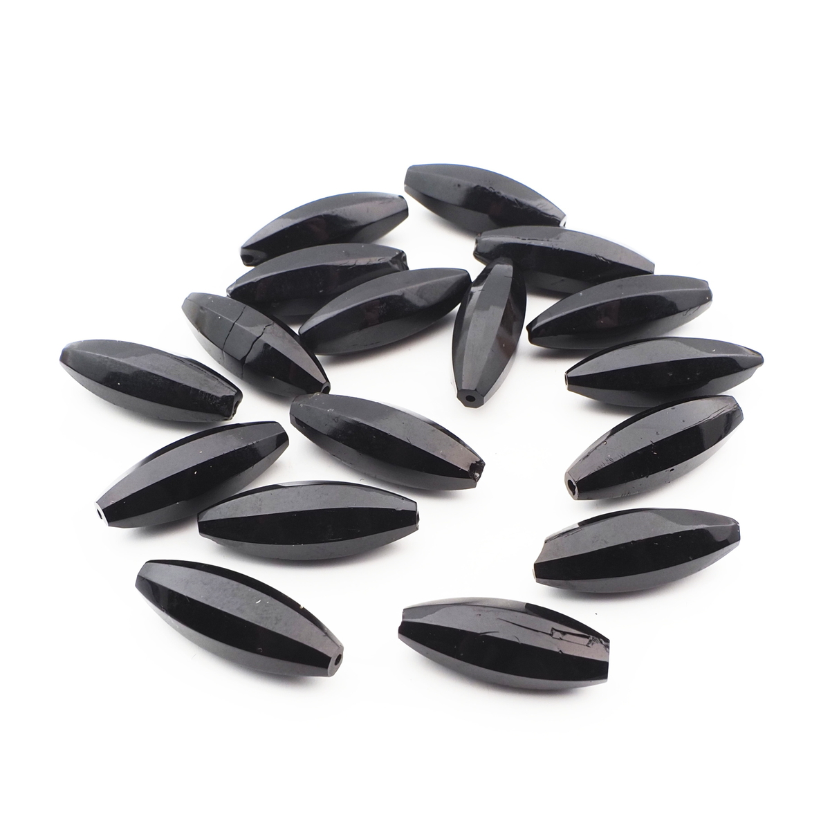 Lot (17) Czech antique oval melon faceted black glass beads 22mm