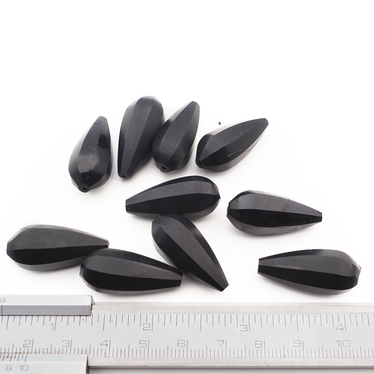 Lot (10) Czech antique teardrop melon faceted black glass beads 27mm