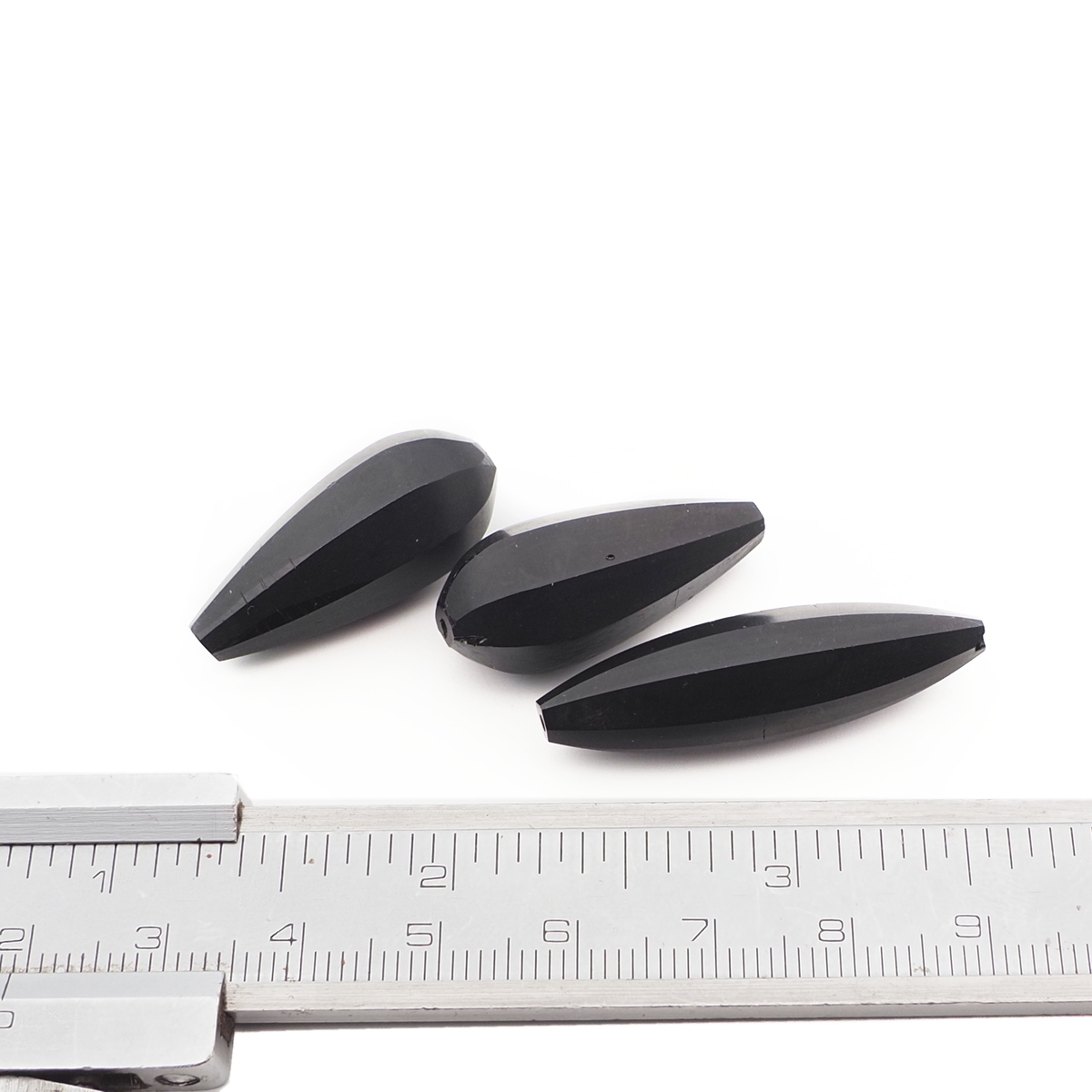 Lot (3) Czech antique teardrop oval melon faceted black glass beads