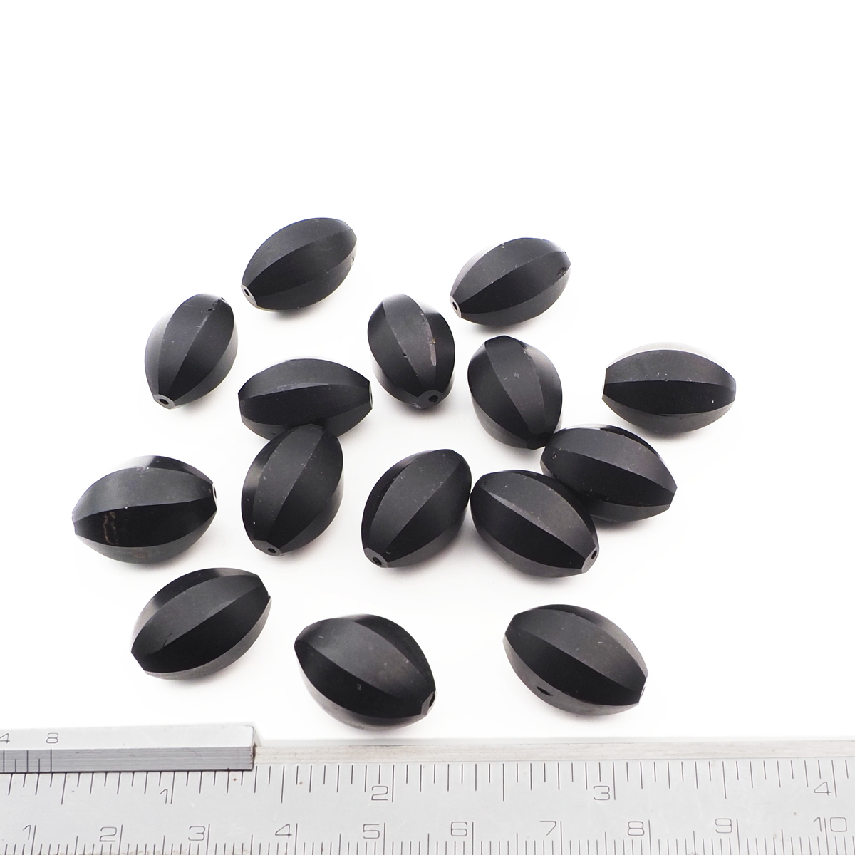 Lot (15) Czech antique oval melon faceted black glass beads 17/18mm