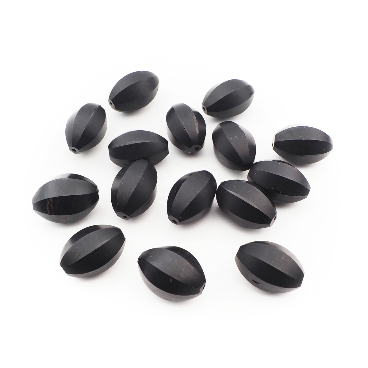 Lot (15) Czech antique oval melon faceted black glass beads 17/18mm