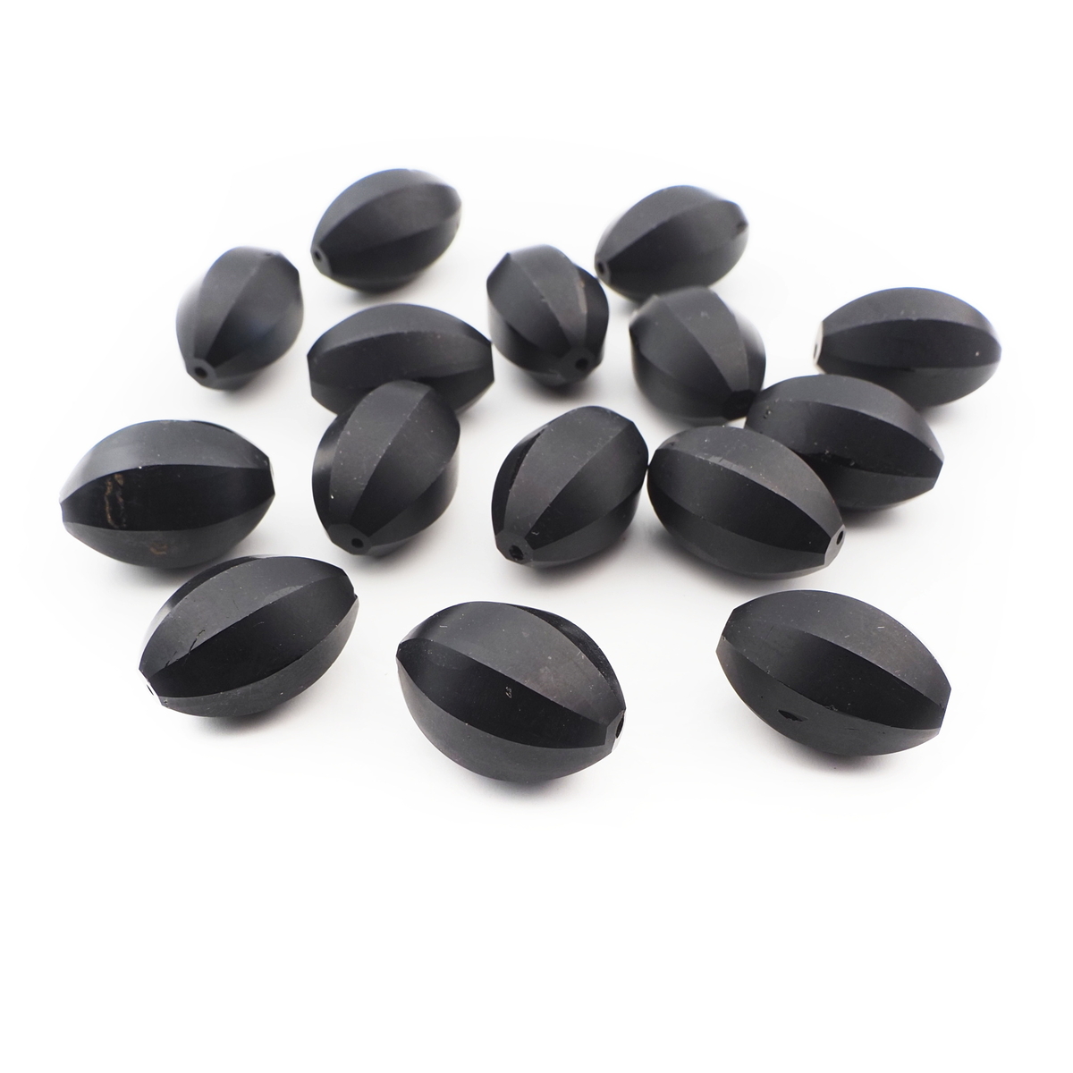 Lot (15) Czech antique oval melon faceted black glass beads 17/18mm
