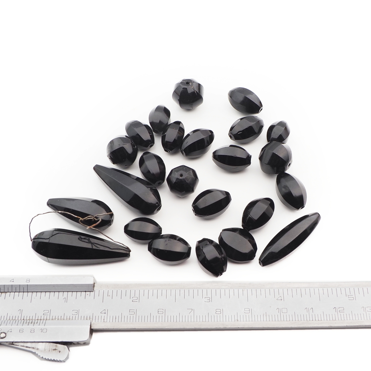 Lot (24) Czech antique teardrop oval round melon faceted black glass beads